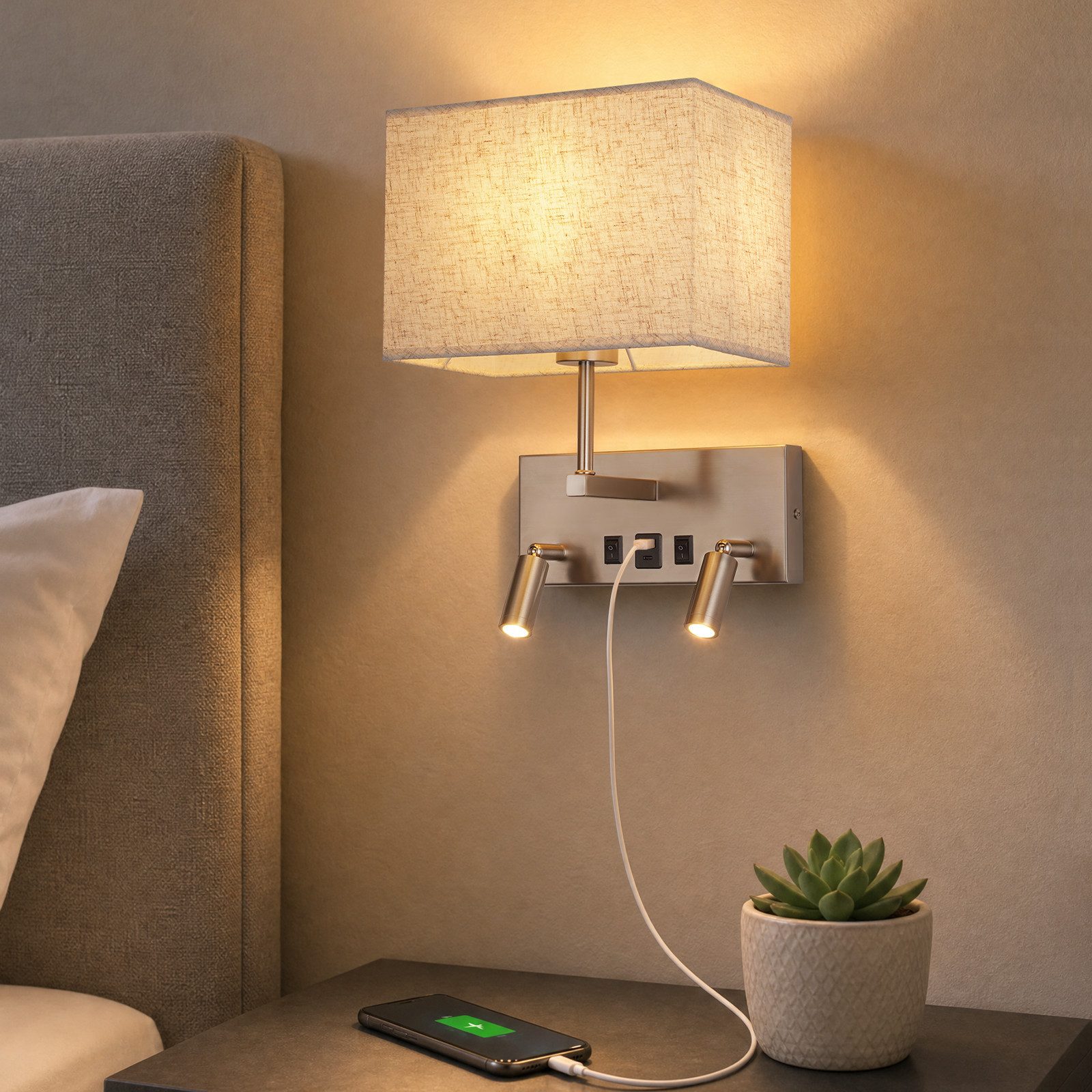 Nettlife Wandleuchte innen Schalter Moderne Wandlampe E27 Stoffschirm, ohne Leuchtmittel, USB-A&USB-C Ladefunktion zwei 360° schwenkbare LED-Lesearme