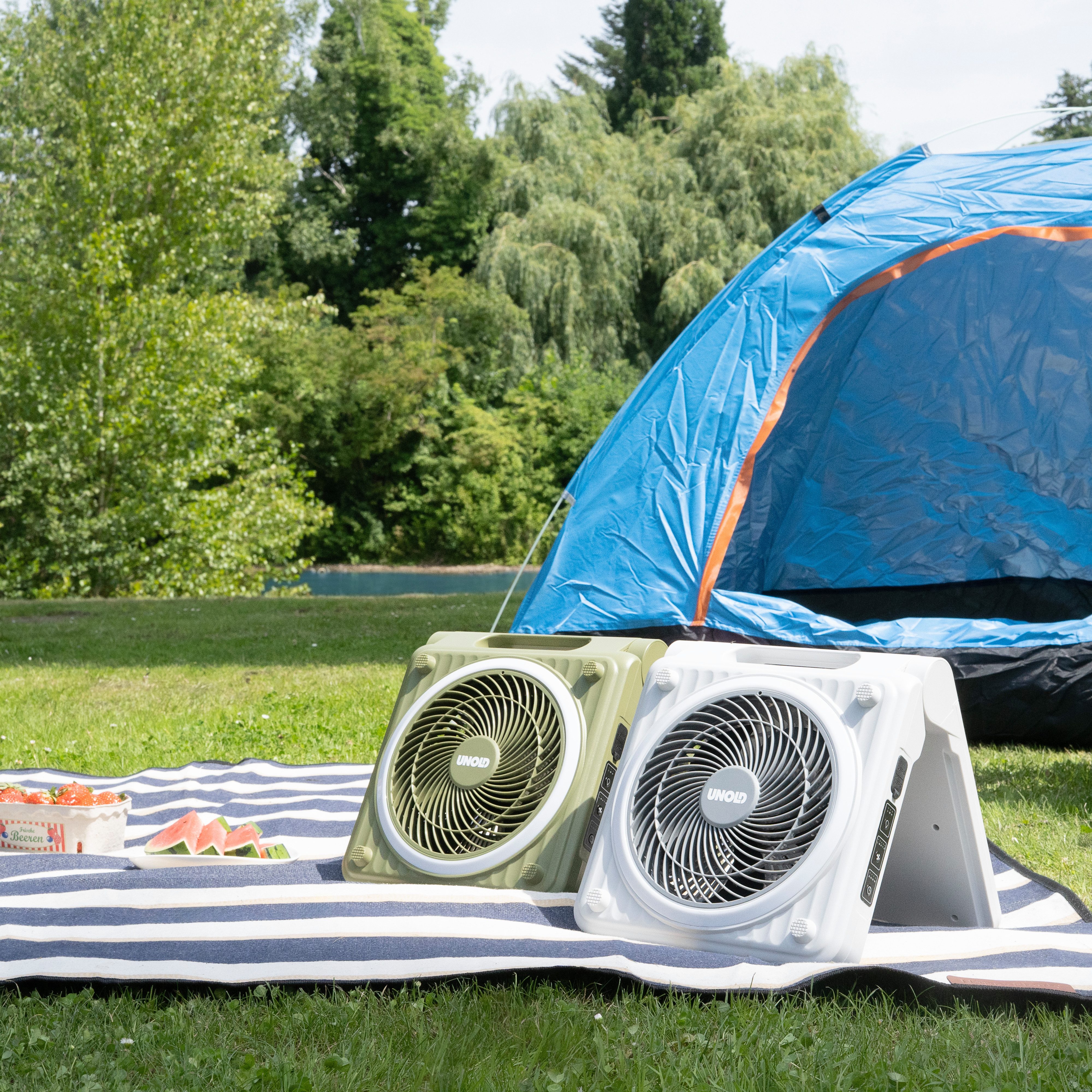 Unold Akku-Standventilator Solarventilator Camping, 5 Geschwindigkeitsstufen für drinnen und draußen Powerbank-Funktion