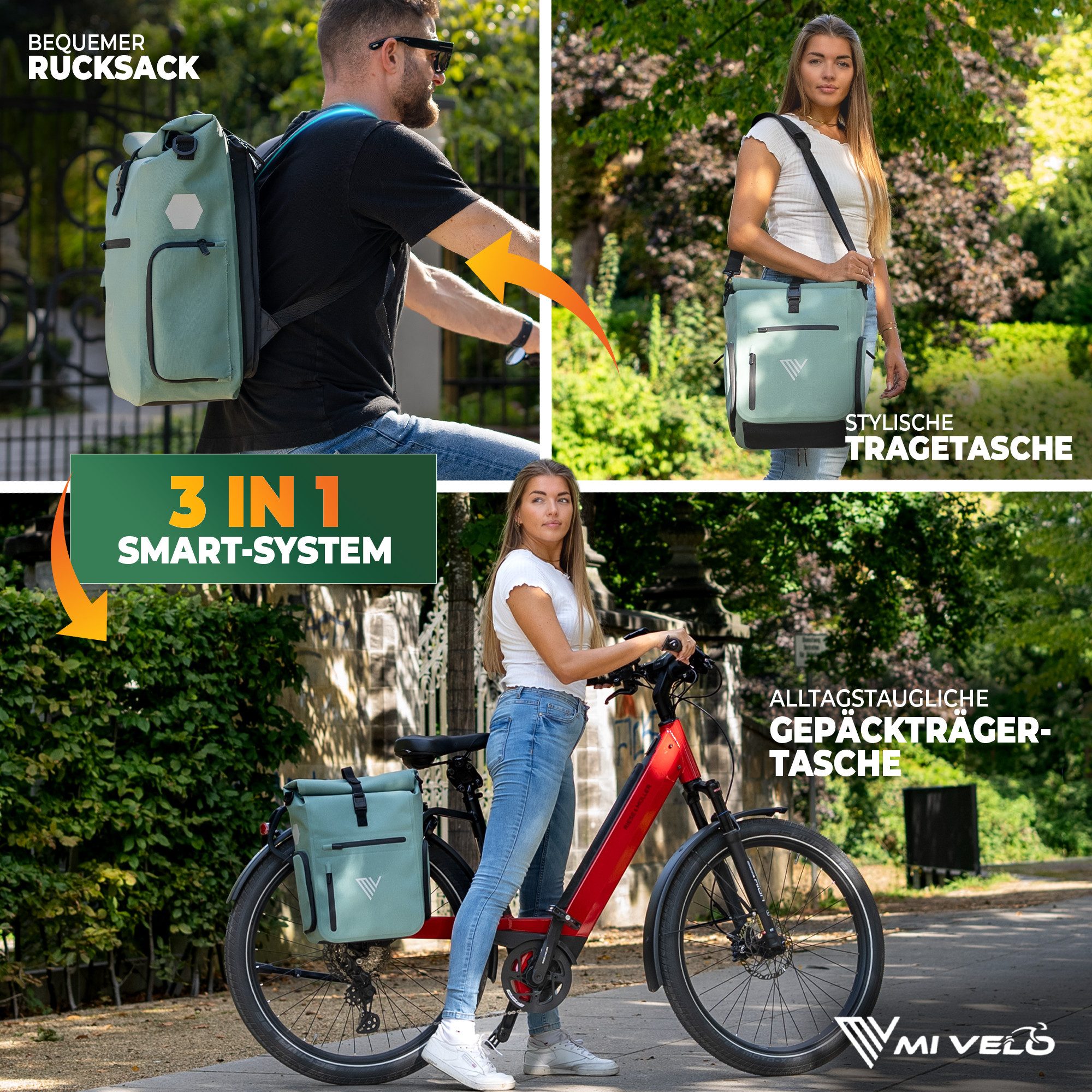 MIVELO Fahrradtasche 3in1 Gepäckträgertasche mit Rucksackfunktion Schultergurt wasserdicht, geräumiges Hauptfach, Außentaschen, Laptopfach – Bild 2 von 5