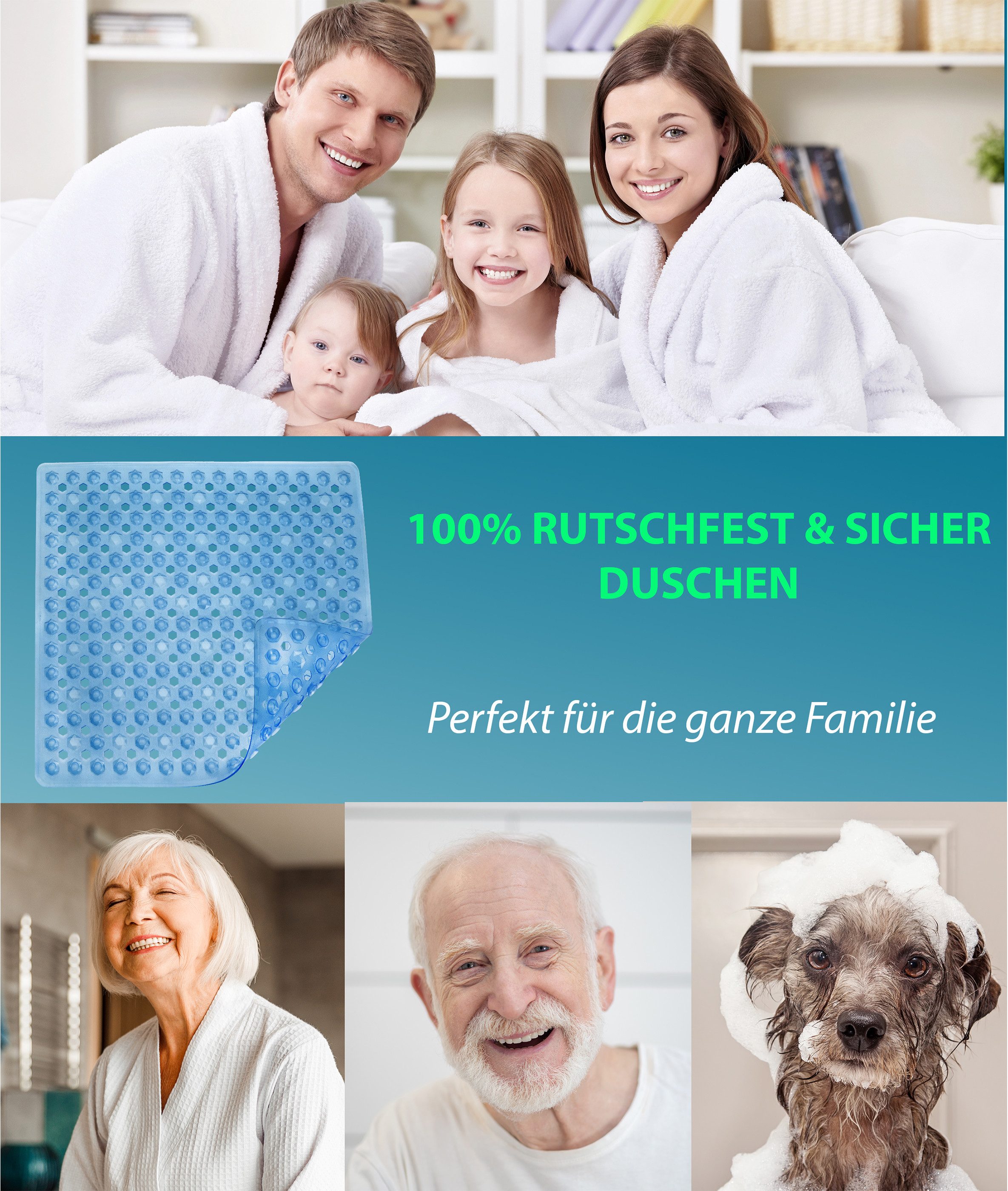 Blumbach Duschmatte - griffige Antirutschmatte Diamant 53 x 53 cm, - 100% BPA-frei, inkl. 2 Haken zum Aufhängen, Duscheinlage, schimmelressisten & maschinenwasc – Bild 5 von 5
