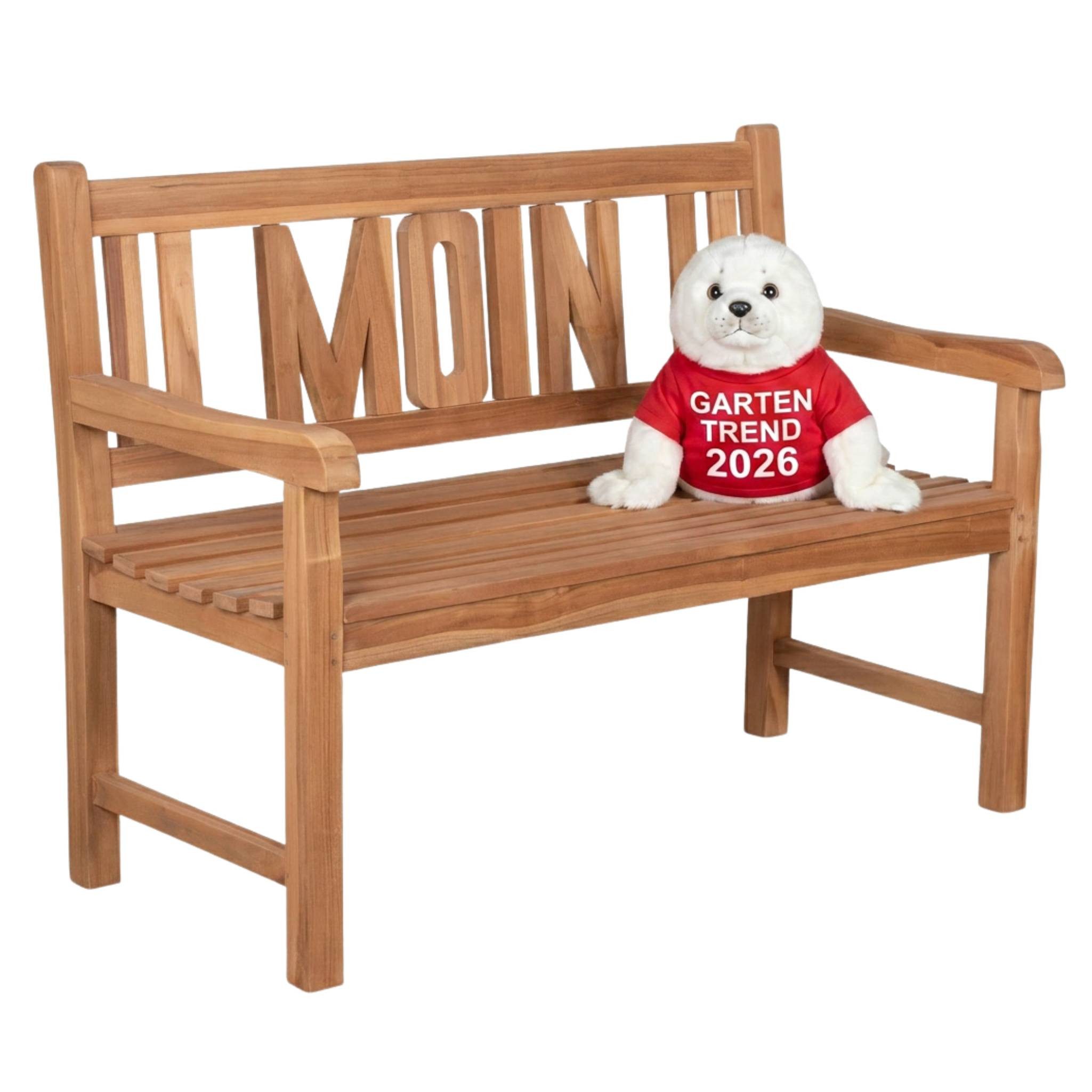 MR.DEKO Gartenbank Teak MOIN 120 cm – norddeutsch, einladend & wetterfest (2-Sitzer Bank, zerlegt geliefert, ideal für Terrasse, 1-St), Massive Sitzbank Garten und Balkon, 250 kg belastbar