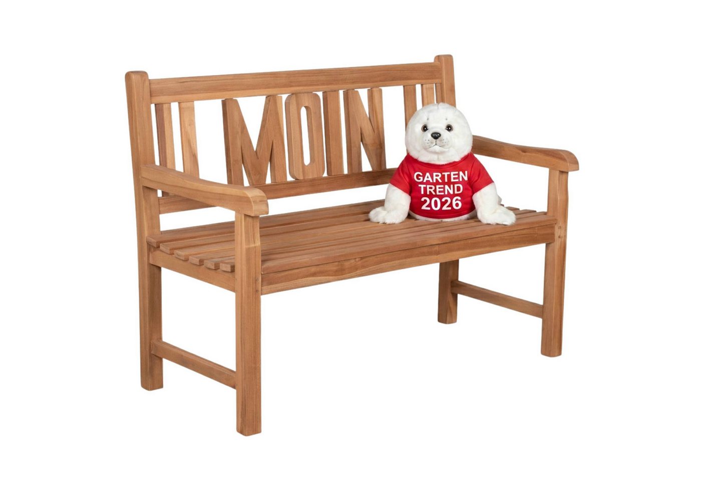 MR.DEKO Gartenbank Teak MOIN 120 cm – norddeutsch, einladend & wetterfest (2-Sitzer Bank, zerlegt geliefert, ideal für Terrasse, 1-St), Massive Sitzbank Garten und Balkon, 250 kg belastbar