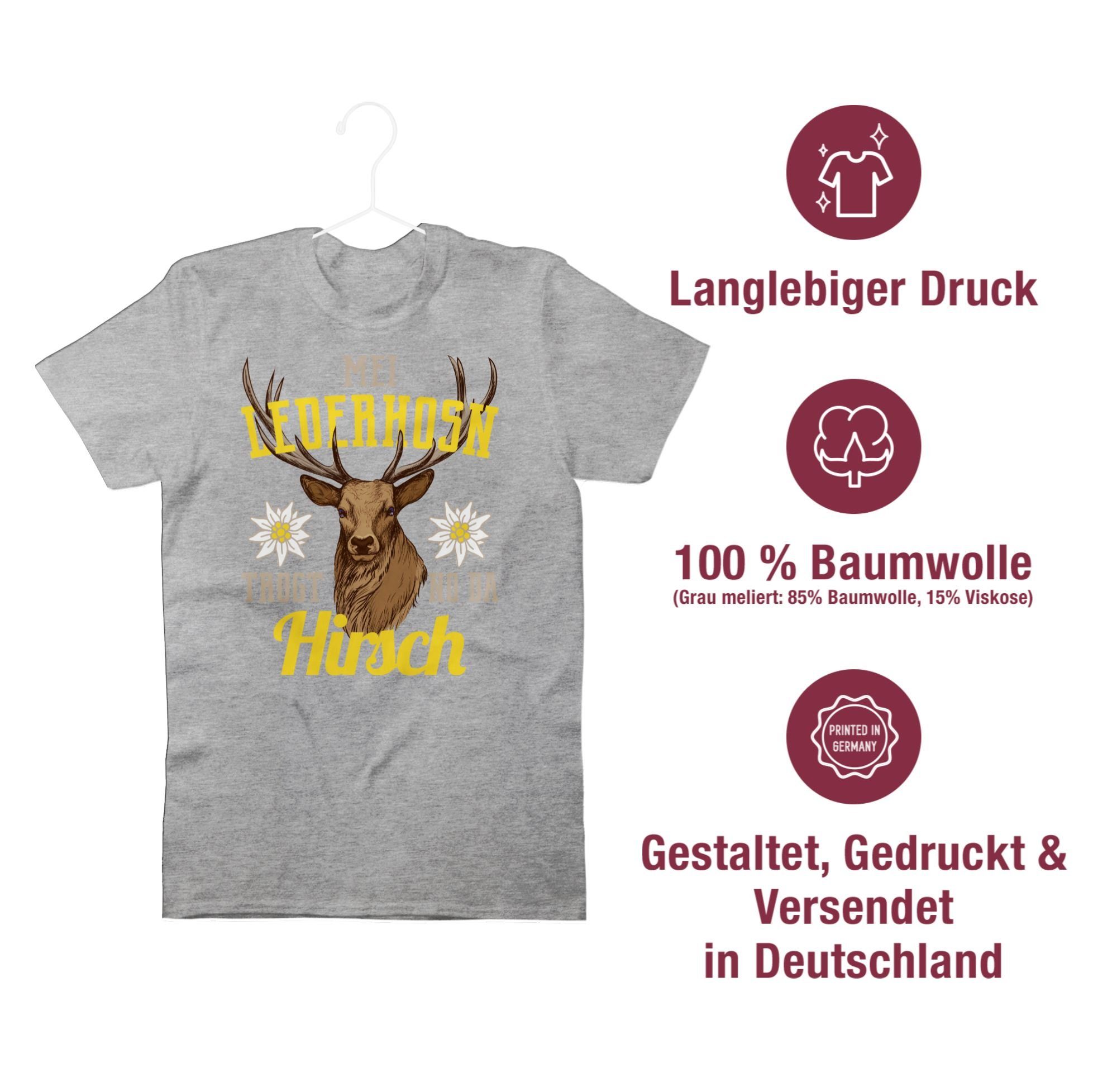T-Shirt Grau Hirsch no gelb/braun da Oktoberfest Herren Mei meliert 3 trogt für Lederhosn Mode - Shirtracer