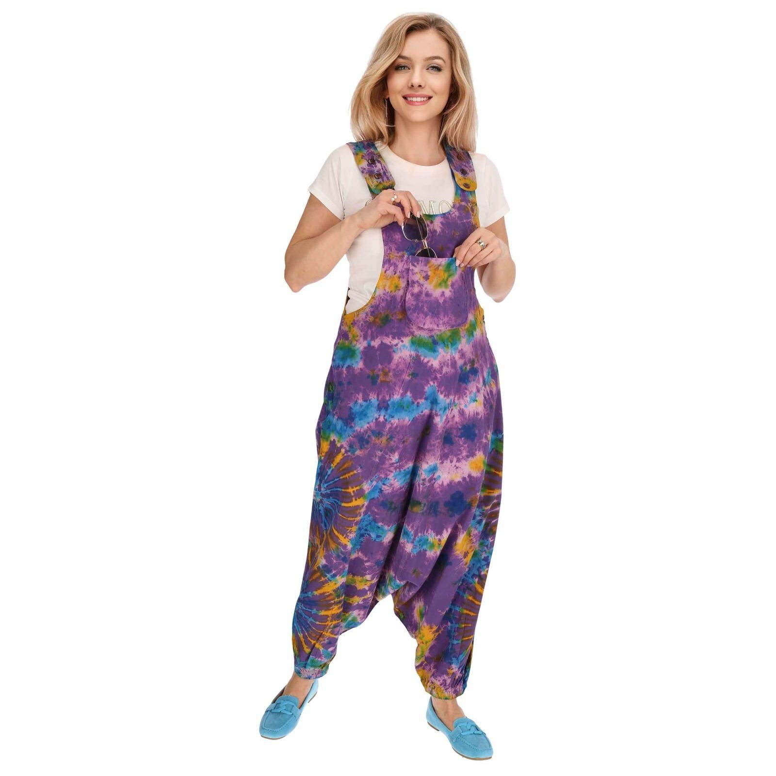 KUNST UND MAGIE Latzhose Tie Dye Batik Latzhose Haremshose Hose Psy 70er Boho Jumpsuit Bunt
