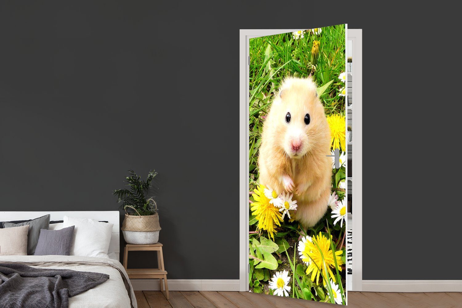 Türaufkleber, 75x205 (1 Tür, St), Fototapete Blumen Matt, bedruckt, Hamster Gras, für MuchoWow cm - - Türtapete