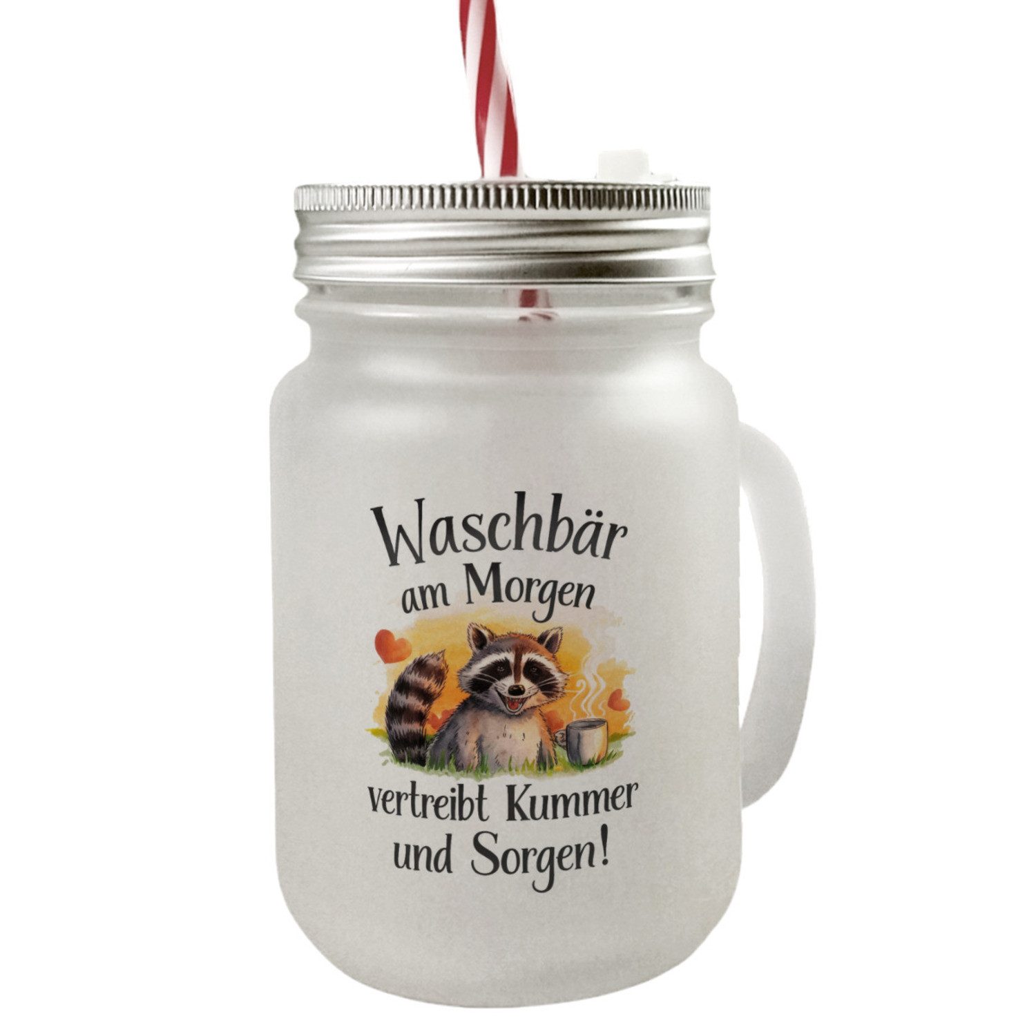 Glas Glücklicher Waschbär mit Kaffee Mason Jar Henkel Trinkglas Deckel am