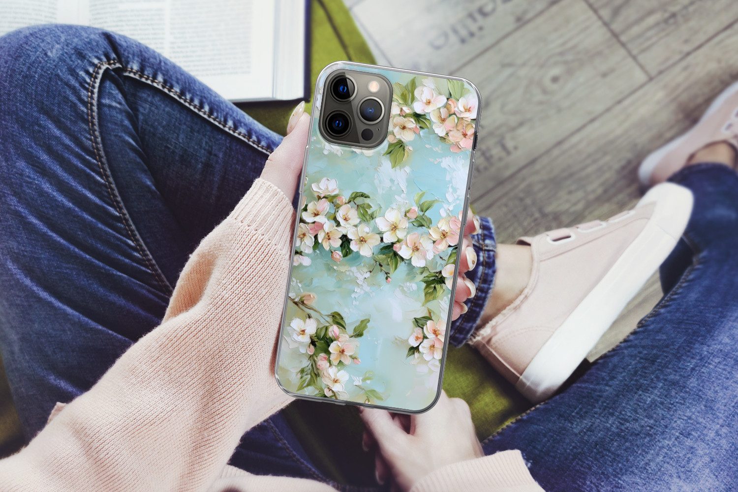 MuchoWow Handyhülle für Apple iPhone 12 Pro Blüte - Blätter - Hellblau, Smartphone-Bumper, Print, Handy Schutzhülle Dünn