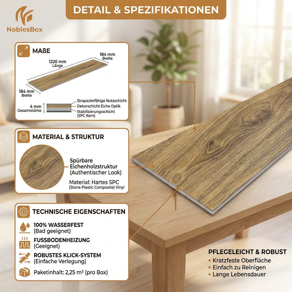 NoblesBox Designboden Klick Vinylboden SPC - Hartvinyl - 4+1mm Wasserfest - 1 mm Isolierung, Für Fußbodenheizung, Hochabriebfest & Klicksystem – Bild 3 von 5