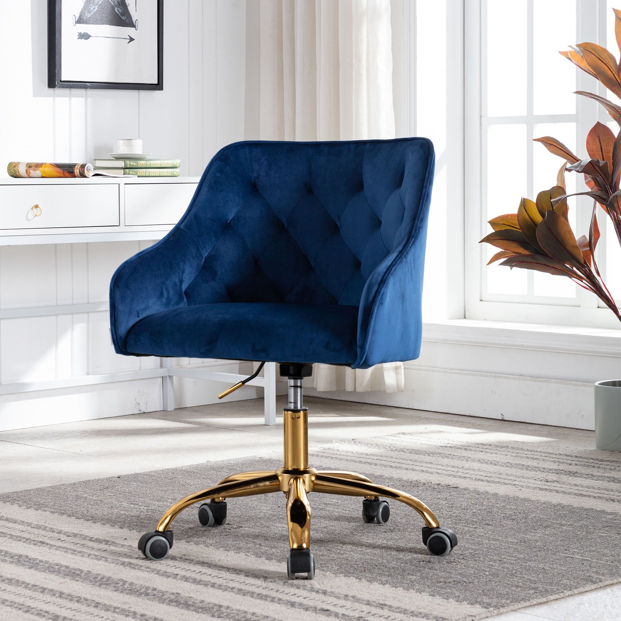 Merax Bürostuhl höhenverstellbar mit goldfarbener Basis (1 St), Drehstuhl aus Samt, Bürostuhl, Schreibtischstuhl gepolstert Navy | Drehstühle