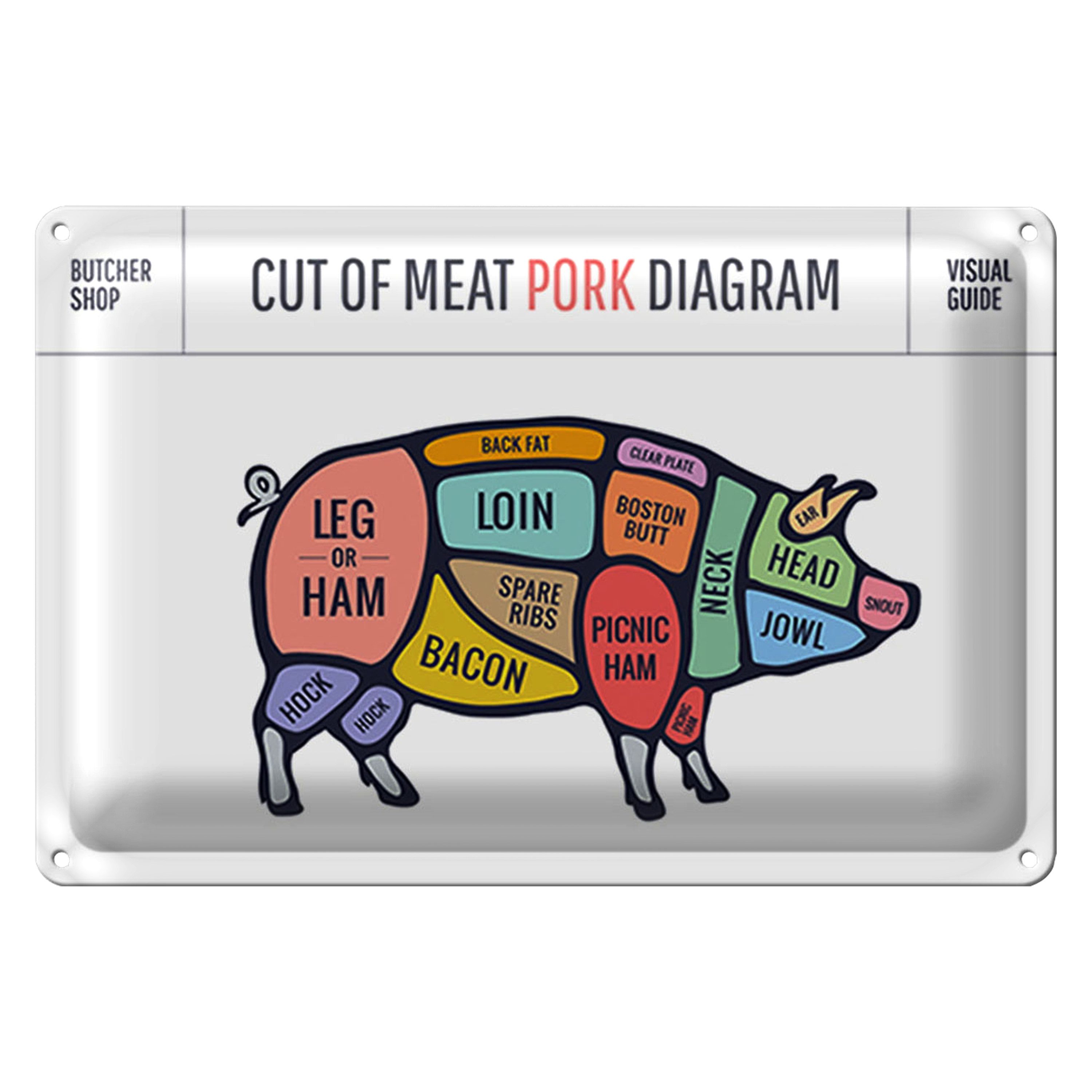 Roomando Metallschild Blechschild Metzgerei 30x20cm Pork cuts Shop Fleisch