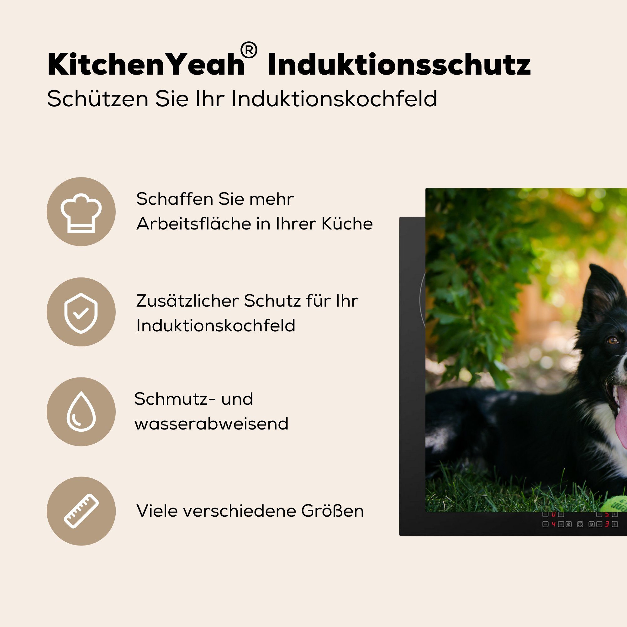 MuchoWow Herdblende-/Abdeckplatte Hund Induktionskochfeld 81x52 Vinyl, küche, für tlg), - Gras (1 Schutz Ceranfeldabdeckung Tiere, cm, - die