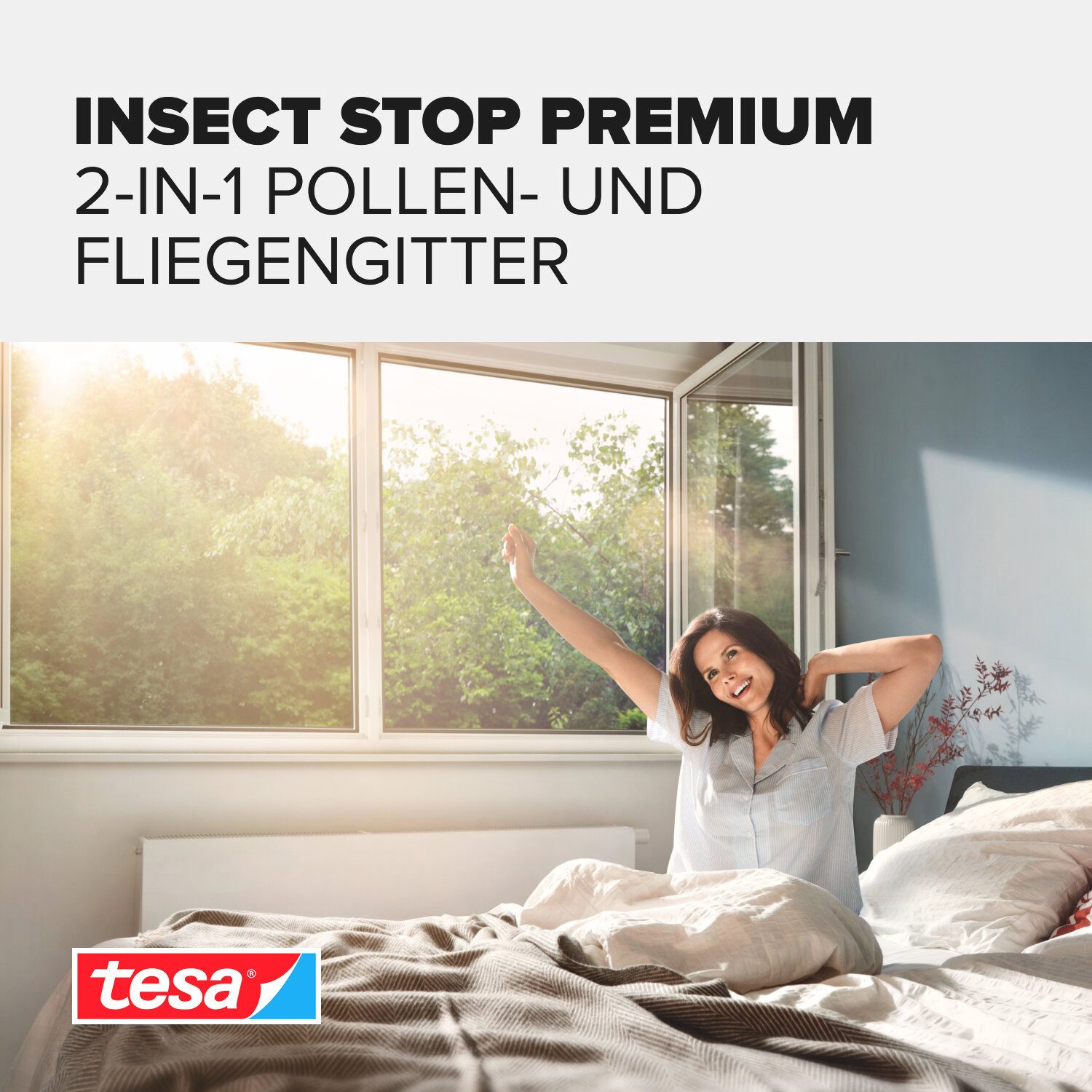 tesa Pollenschutzgitter, (Komplett-Set, 1-St., INSECT STOP, selbstklebendem Klettband - Anthrazit - 130 cm x 150 cm), zuschneidbarer, transparenter Pollenschutz für Allergiker