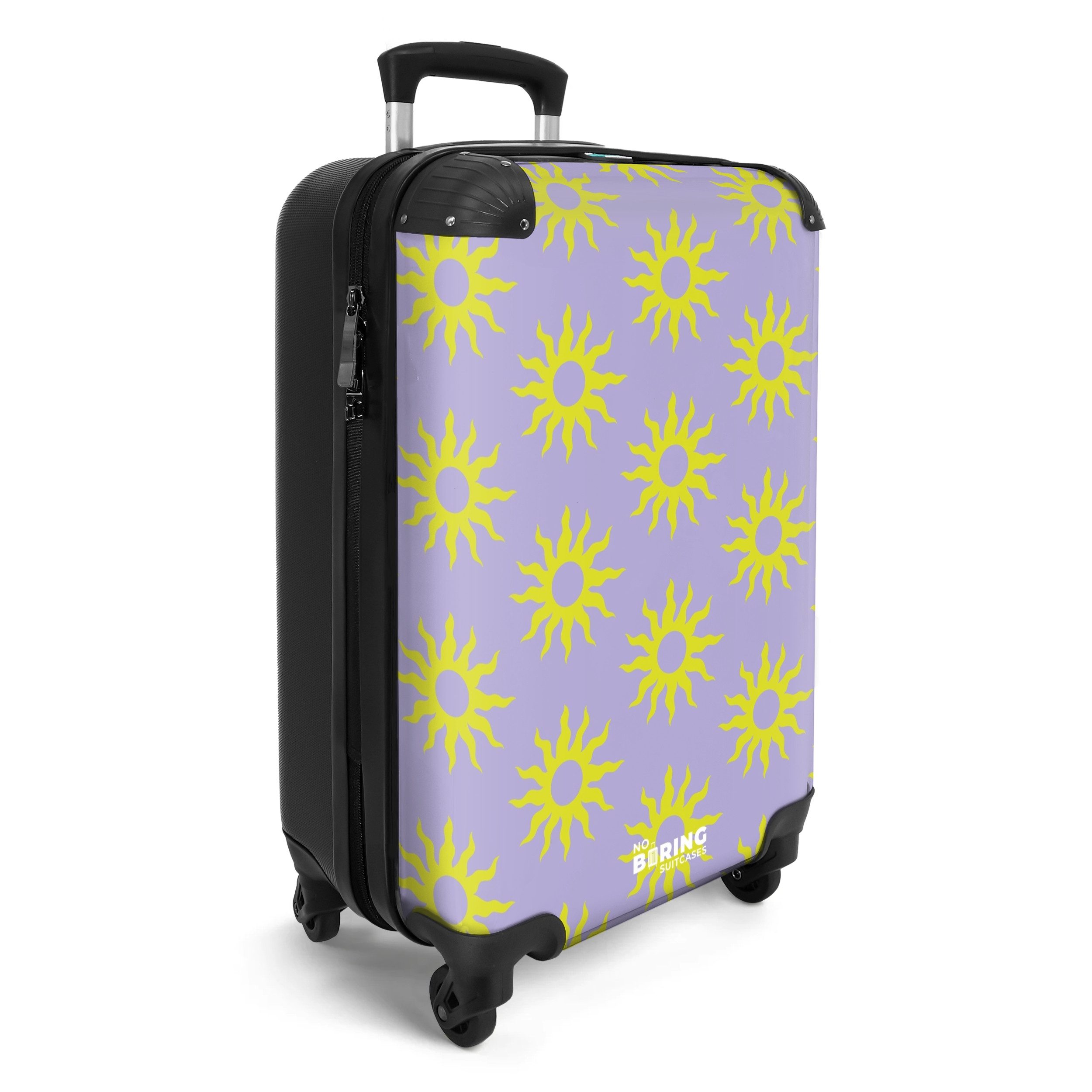 NoBoringSuitcases.com© Hartschalen-Trolley Lila mit gelben Sonnen günstig online kaufen