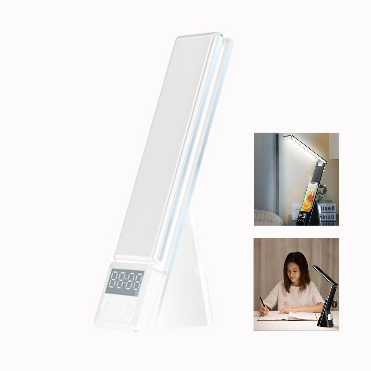 DOPWii LED Schreibtischlampe Berührbares LED-Licht, dimmbar Kabellose Aufladung Wecker Weiss
