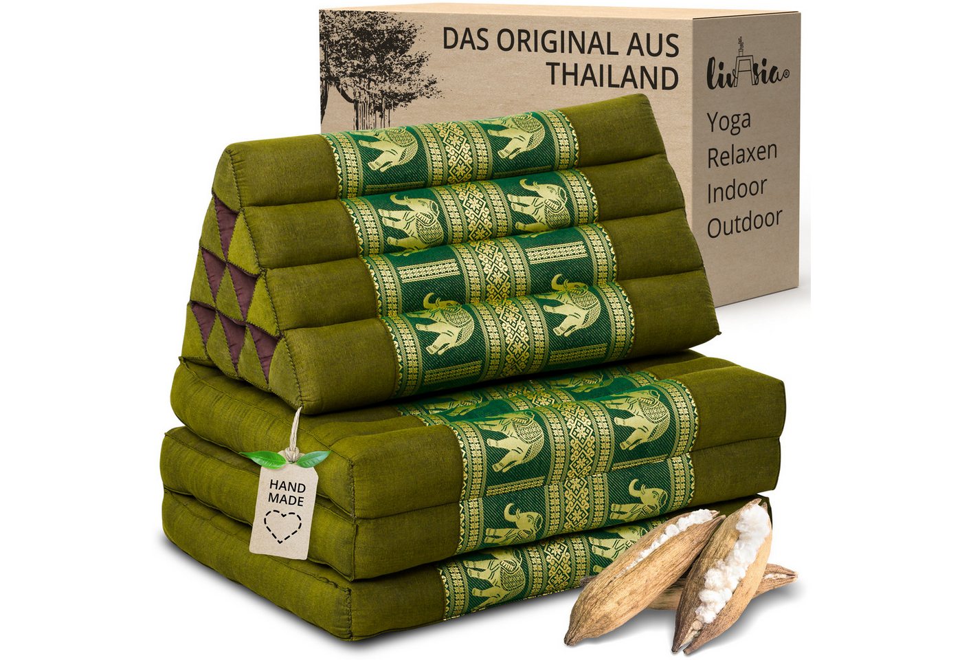 livasia Sitzsack Thaikissen 3 Auflagen (Deluxe) vegan und handgefertigt, 175x55x8cm, Kapok