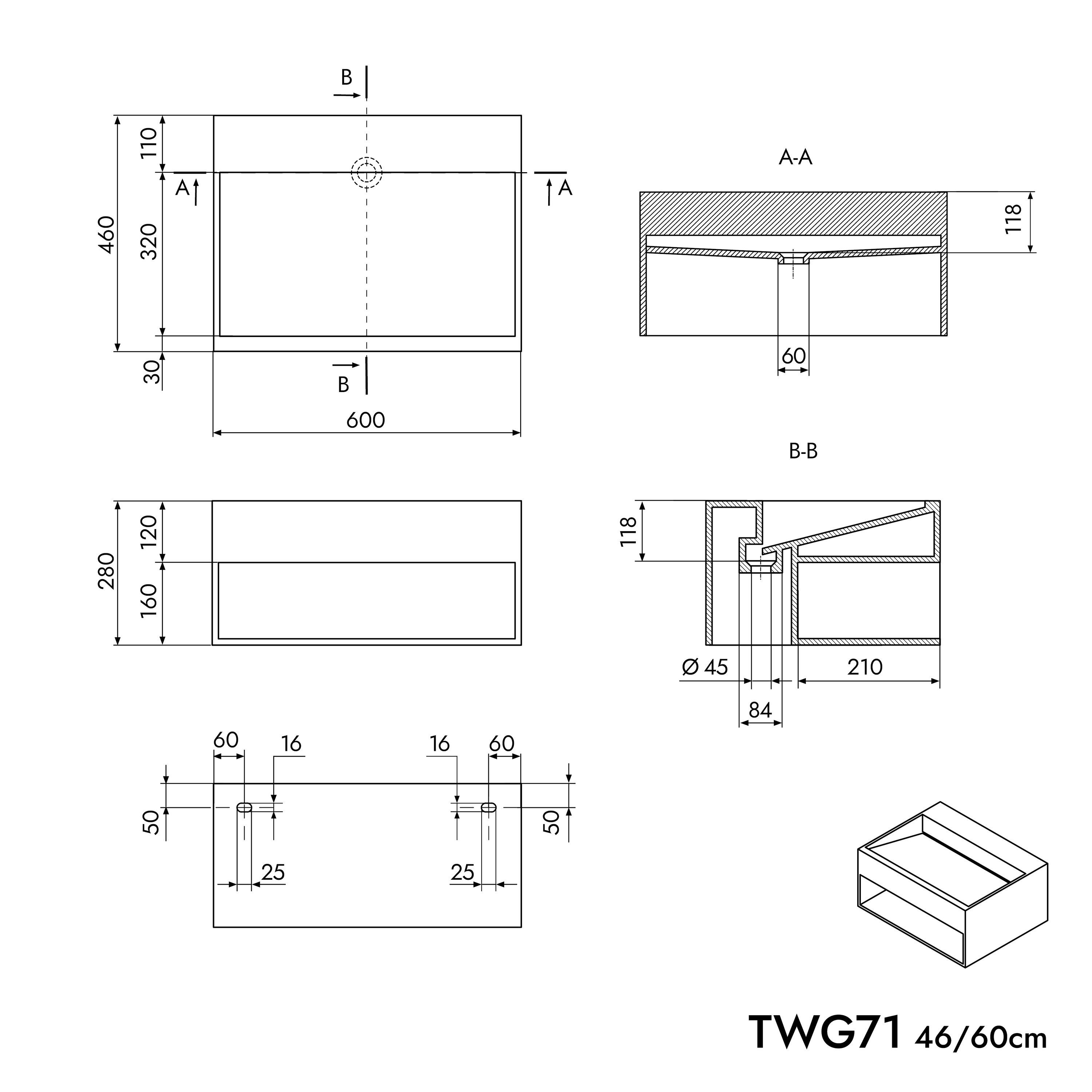 Bernstein Waschtisch TWG71 Weiß matt 60cm, Wandwaschbecken 60cm mit Ablagef günstig online kaufen