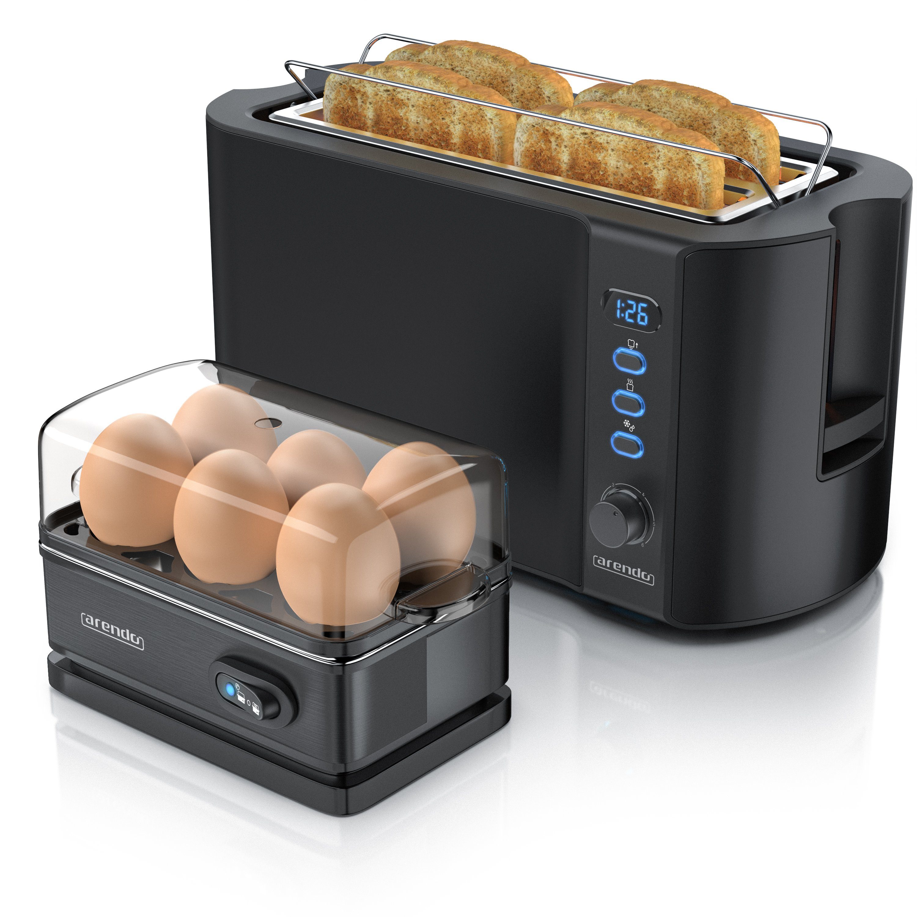 (2-tlg), Frühstücks-Set Arendo Toaster, Schwarz 4-Scheiben Eierkocher, Langschlitz 6er
