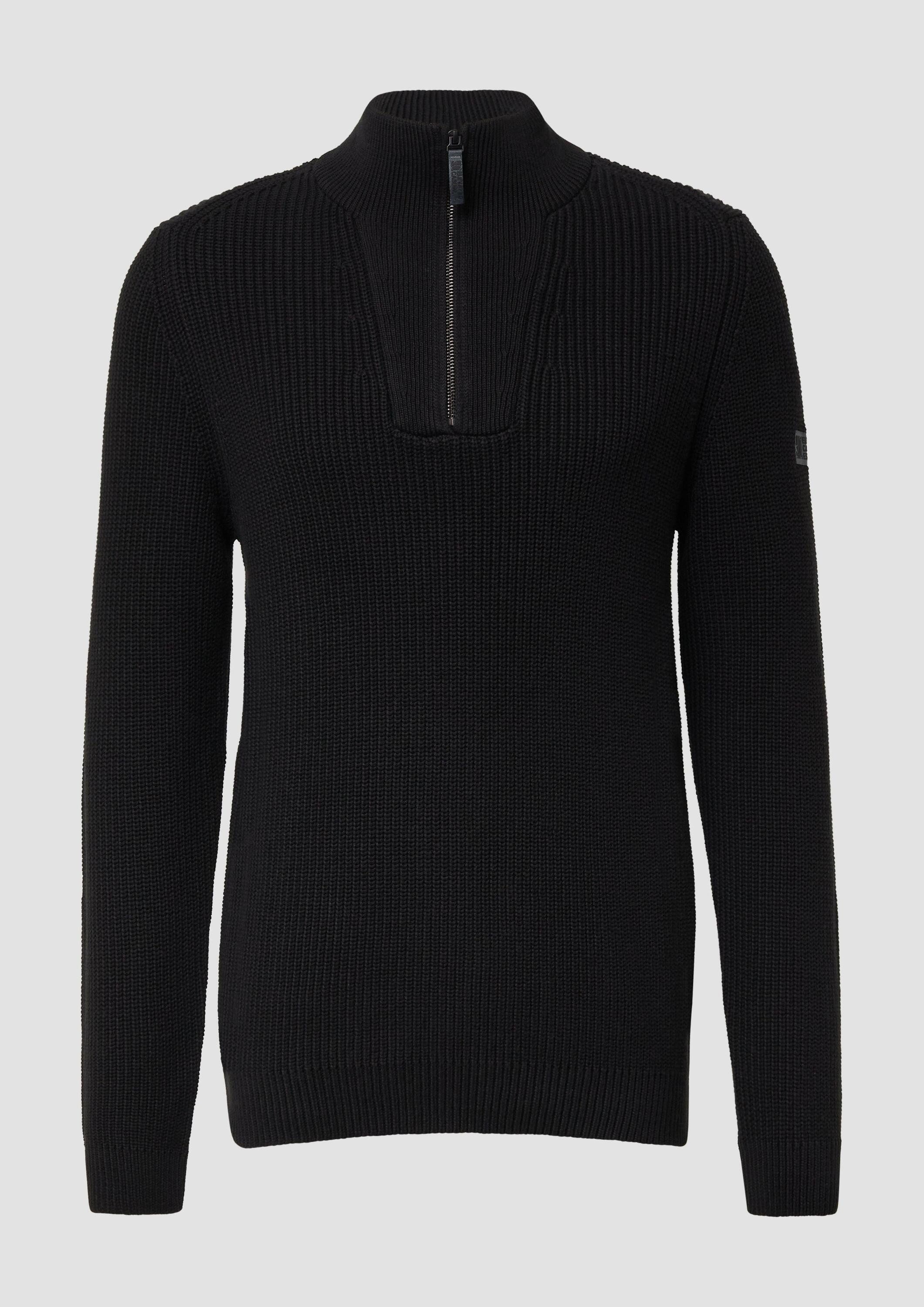 s.Oliver Longpullover Strickpullover Gerippter Baumwoll-Pullover mit Troyer-Kragen