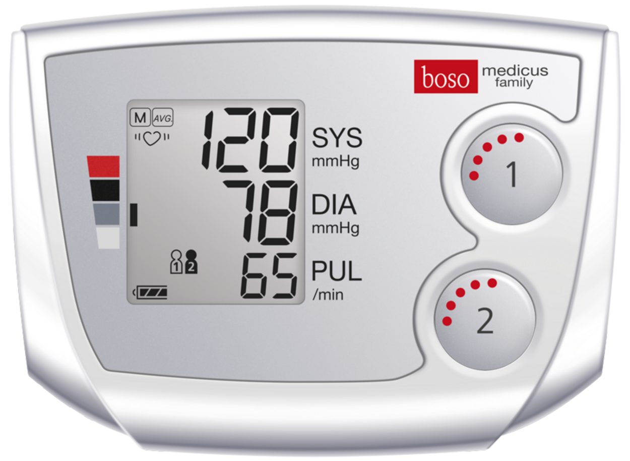 DocMed Oberarm-Blutdruckmessgerät boso medicus family, Universalmanschette für 22-42 cm, Deutsche Qualität, Intelligente Aufpumpautomatik, 2 Benutzer