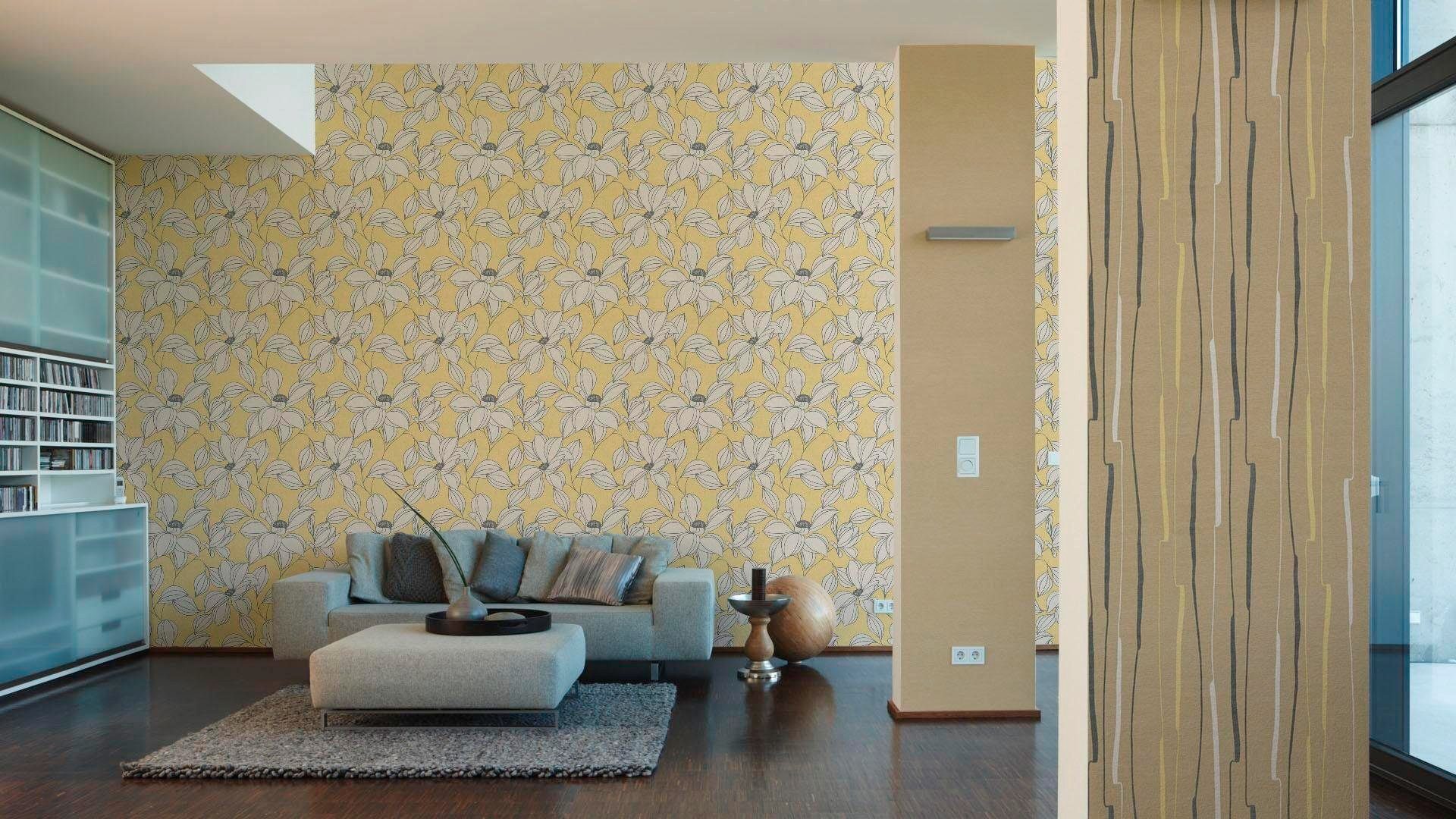 Urban Flowers, gestreift Vliestapete living walls Streifen, beige/gelb/schwarz