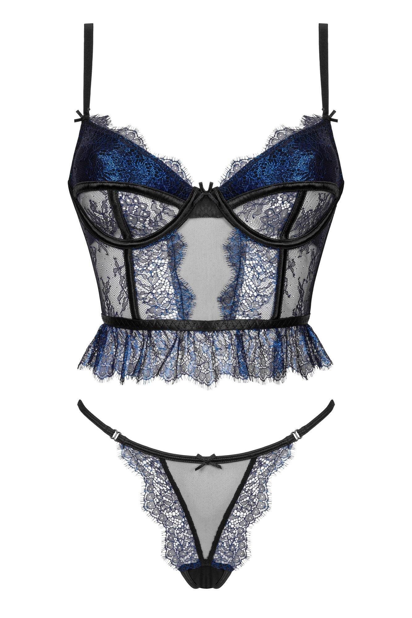 Beauty Night Fashion Set: Bügel-BH Dessous-Set Saphira schwarz-blau Bustier-BH + (Set)
