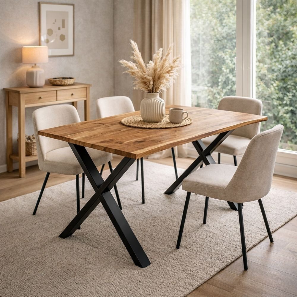 LebensWohnArt Esstisch Esstisch NARBOL 120x80 cm Akazie Massivholz Baumkante X-Gestell