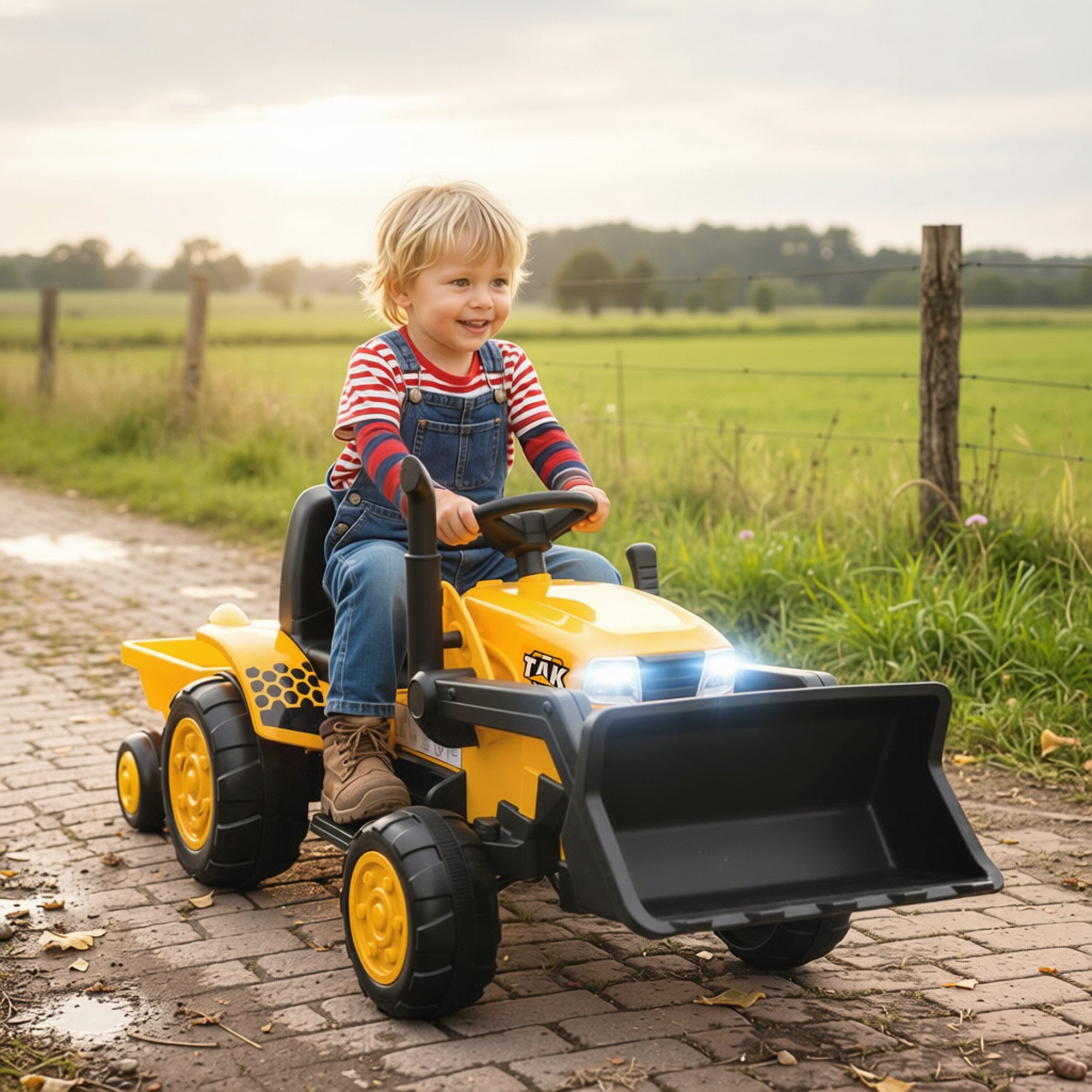 AIYAPLAY Elektro-Kindertraktor Bagger mit Anhänger, Schaufel, 12V, 2 Motor, Musik, LED-Lichter, Belastbarkeit 30 kg, (1-tlg), für Kinder 3-8 Jahre, Gelb