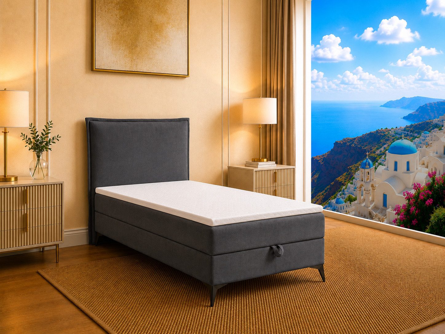 Best for Home Boxspringbett K16 Single SLIM mit Bettkasten & Bonellfederkernmatratze, Topper H3 (Einzelbett, Polsterbett, Juniorbett, Hotelbett, versch. Größen, 1-St., 70x200 80x200 90x200 100x200 cm), mit oder ohne Topper, Flexible Liefermöglichkeiten, H
