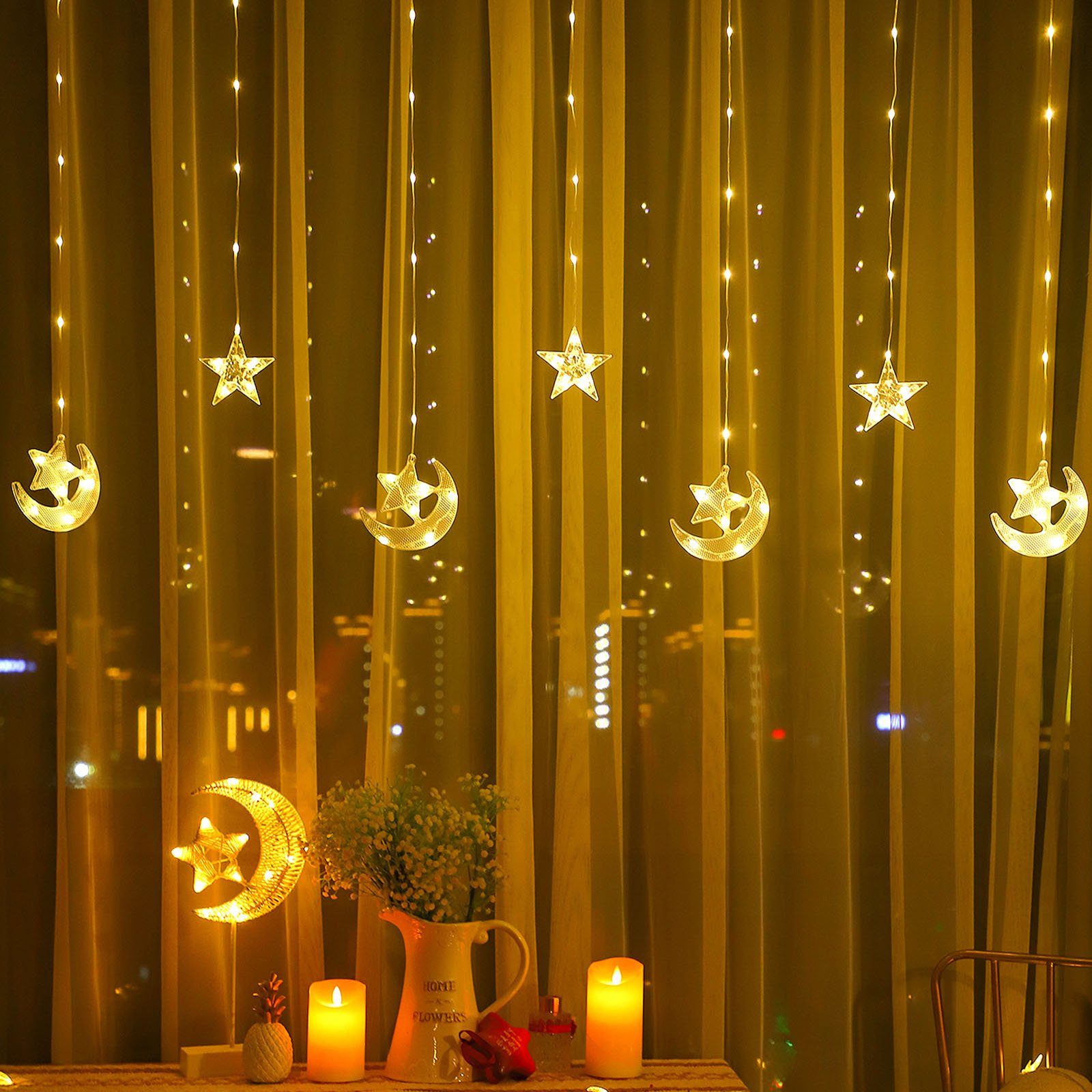 Warmweiß Stern, Schlafzimmer 2.3M, mit Ramadan Rosnek für Mond LED-Lichtervorhang batterie, Zelt Party Camping Weihnachten,