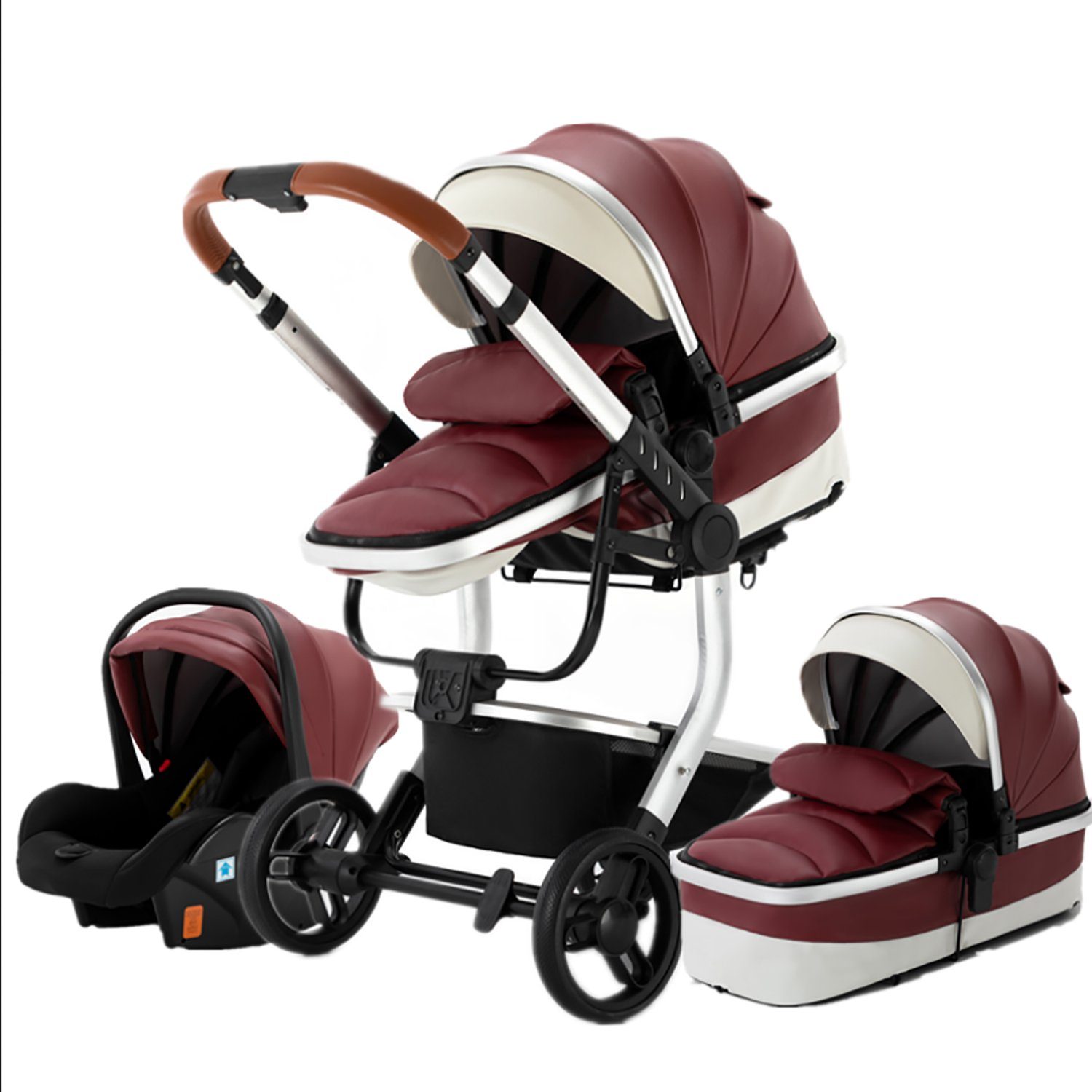 TPFLiving Kombi-Kinderwagen Babyschale Baby Buggy Babywanne 5-Punkt-Sicherheitsgurt Moskitonetz, Getränkehalter inkl. Zubehörset Kinderwagen 3 in 1 Kunstleder Rot