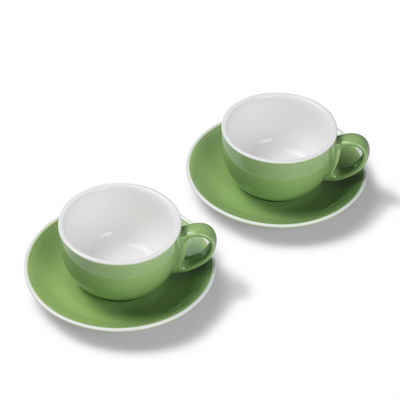 Terra Home Tasse 2er Milchkaffeetassen-Set, Grün glossy 350 ml mit Untertasse, Porzellan, spülmaschinenfest,extra dickwandig