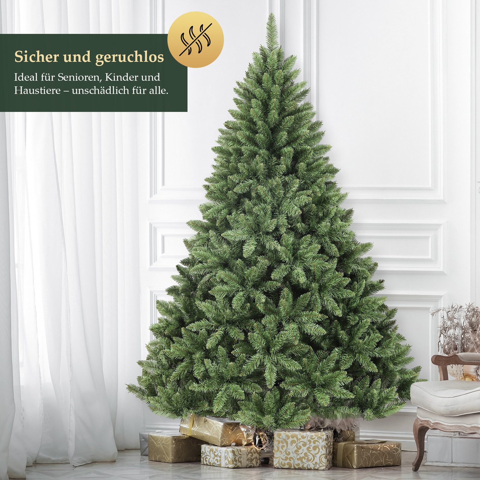 Salcar Künstlicher Weihnachtsbaum PVC Künstlicher Weihnachtsbaum mit Weihnachtsbaumständer Tannenbaum, Nordmanntanne, 180 cm hoch, 126 cm Durchmesser und 730 Spitzen