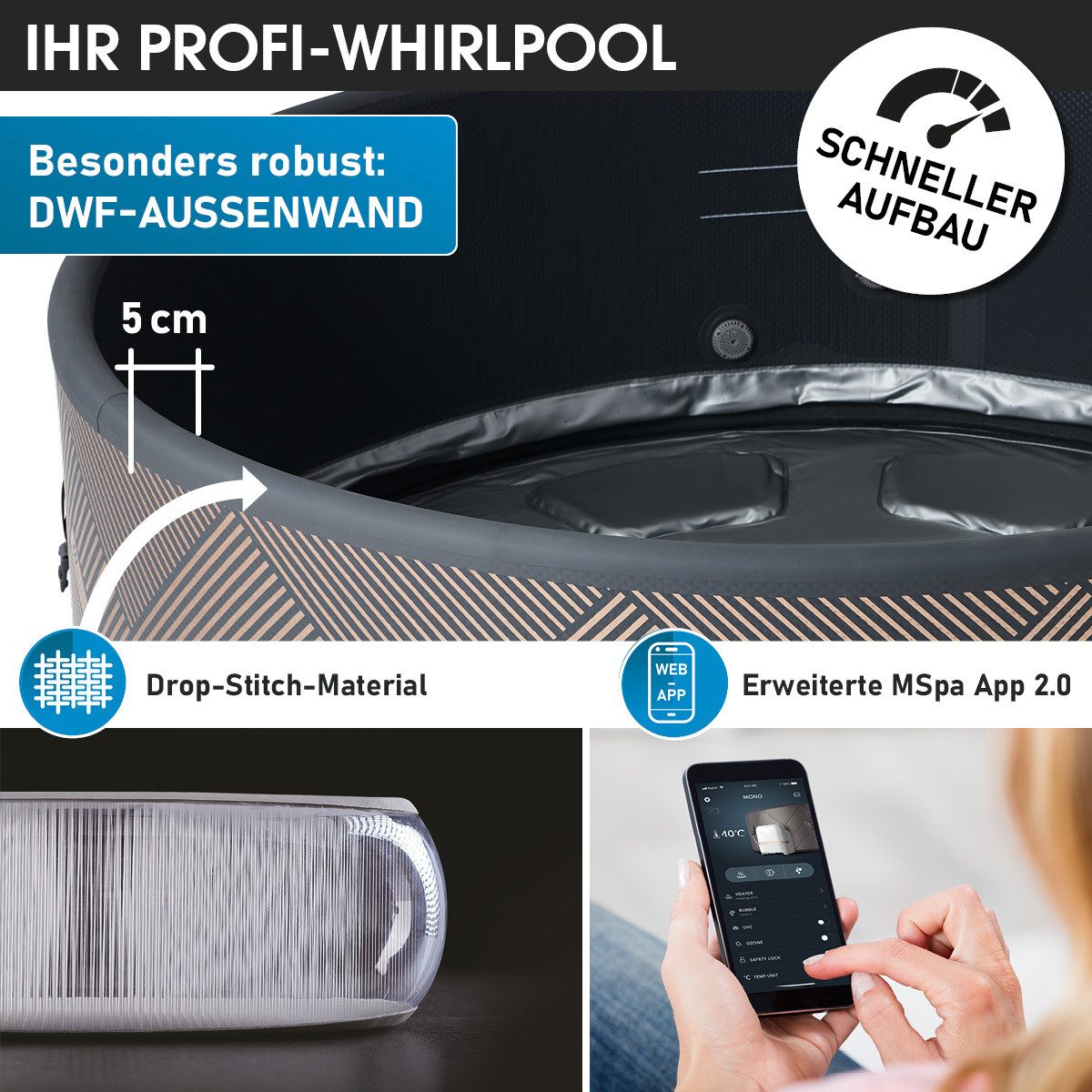 BRAST Whirlpool MSpa Verto-Serie, 5 Modelle, In- Outdoor Pool, Winterfest, (aufblasbar MSpa Frame Mono Eco für 6 Personen, Ø173x65cm, 138 Massagedüsen in 3 Intensitäten), einfache Steuerung per App