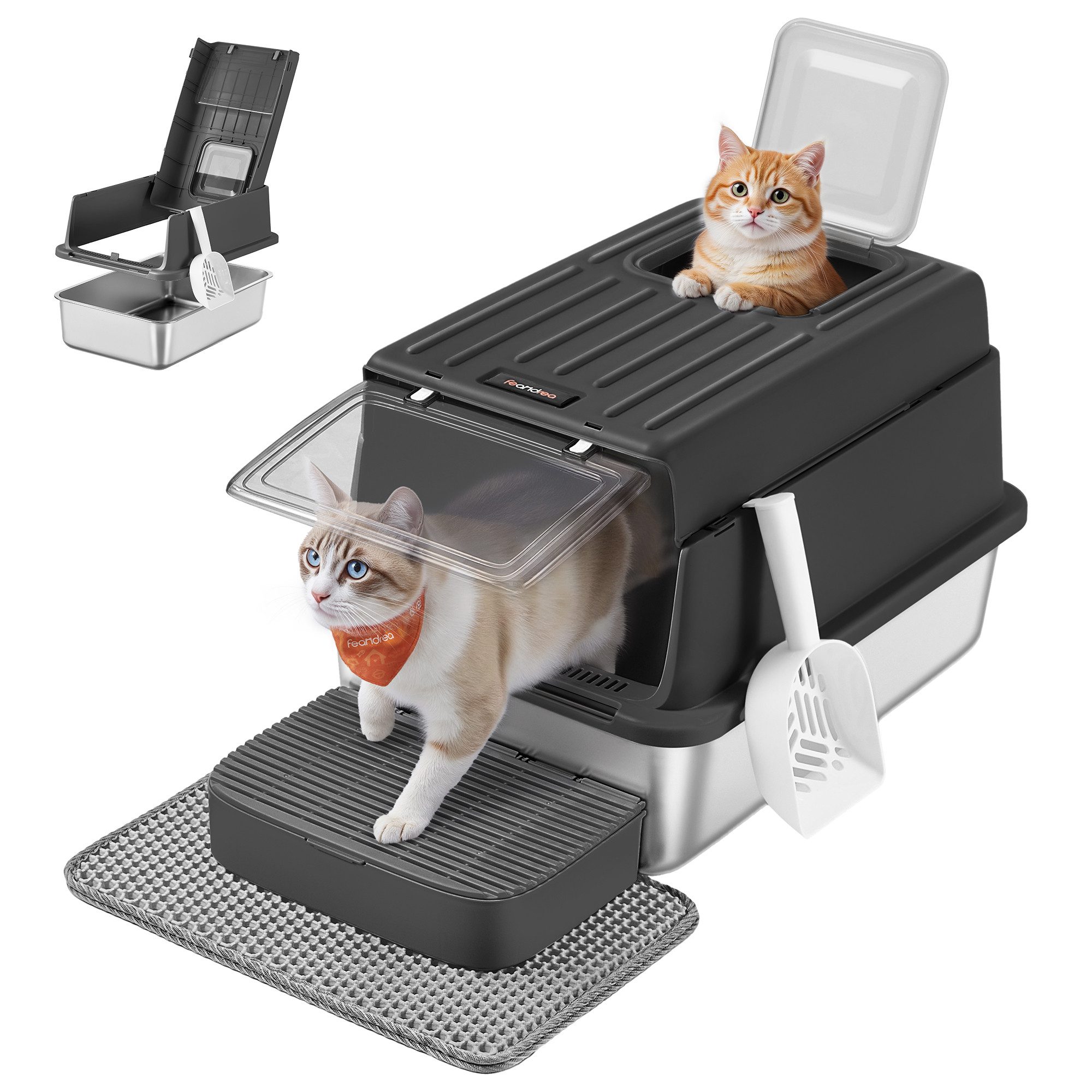 FEANDREA Katzentoilette Katzenklo Edelstahl, mit Deckel, mit Schaufel, Katzenstreumatte, 2 Eingängen, für Katzen bis 15 kg, 60 x 40 x 38 cm (L x B x H)