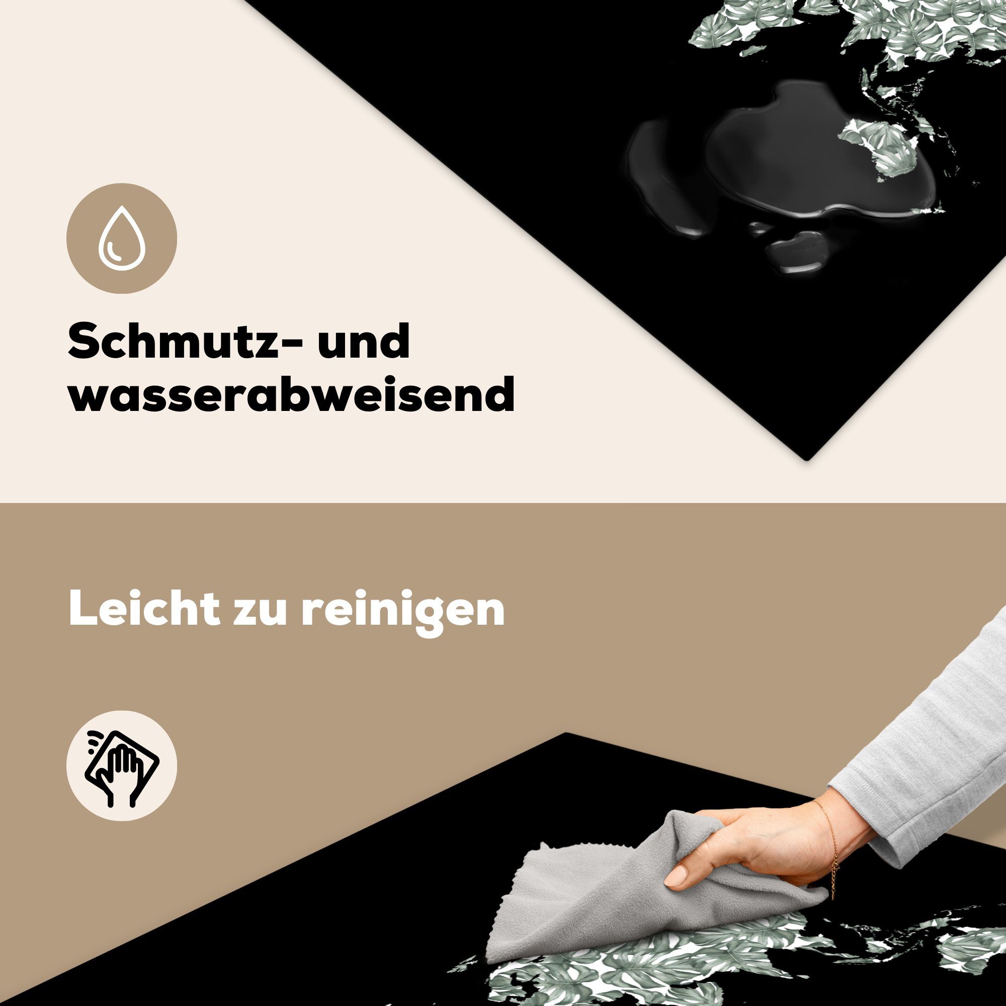 - - küche cm, Weltkarte MuchoWow (1 Schwarz, Vinyl, tlg), 78x78 Herdblende-/Abdeckplatte Ceranfeldabdeckung, für Arbeitsplatte Pflanzen