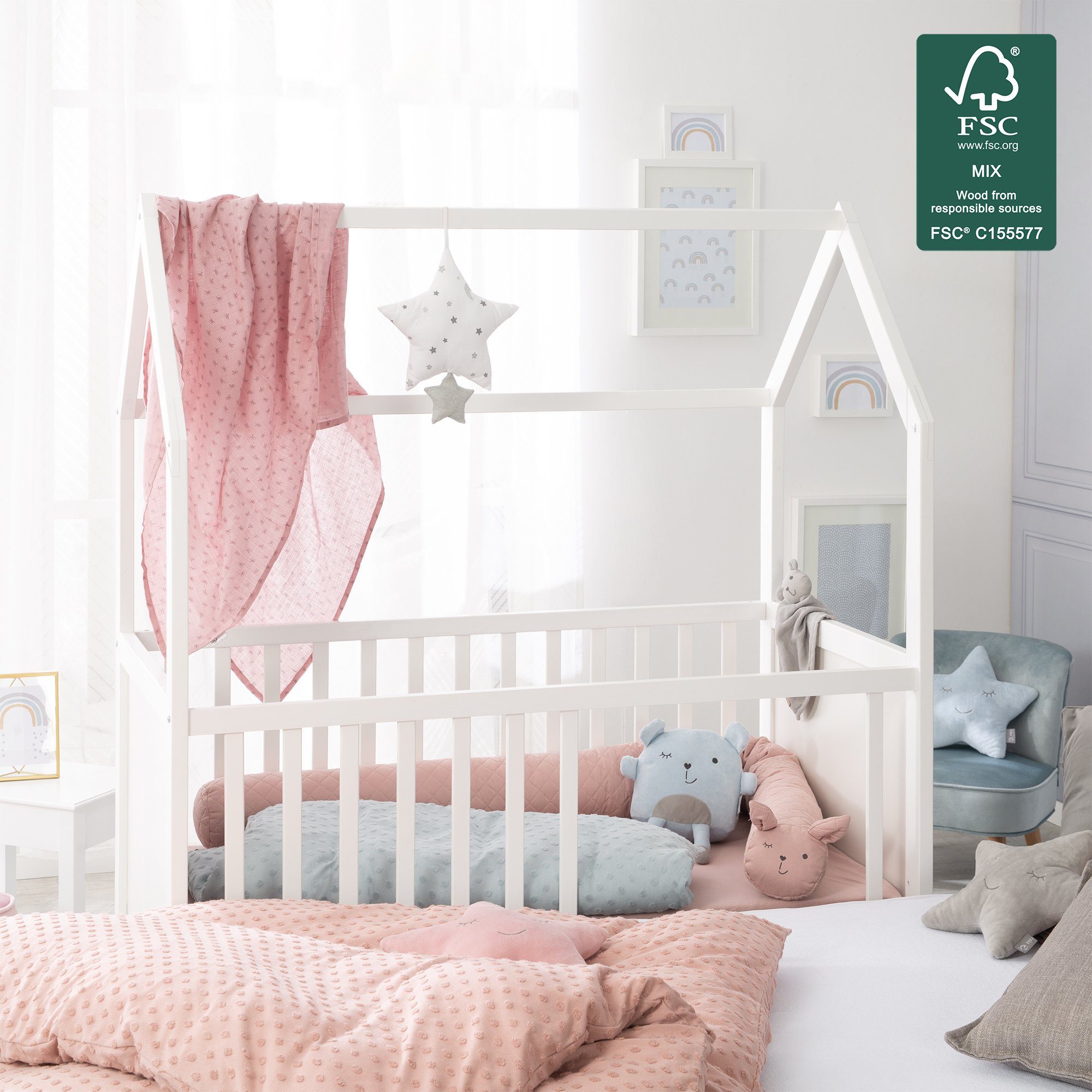 roba® Babybett Hausbett, Babybett & Beistellbett, Hausoptik, 6-fach höhenverstellbar, umbaubar