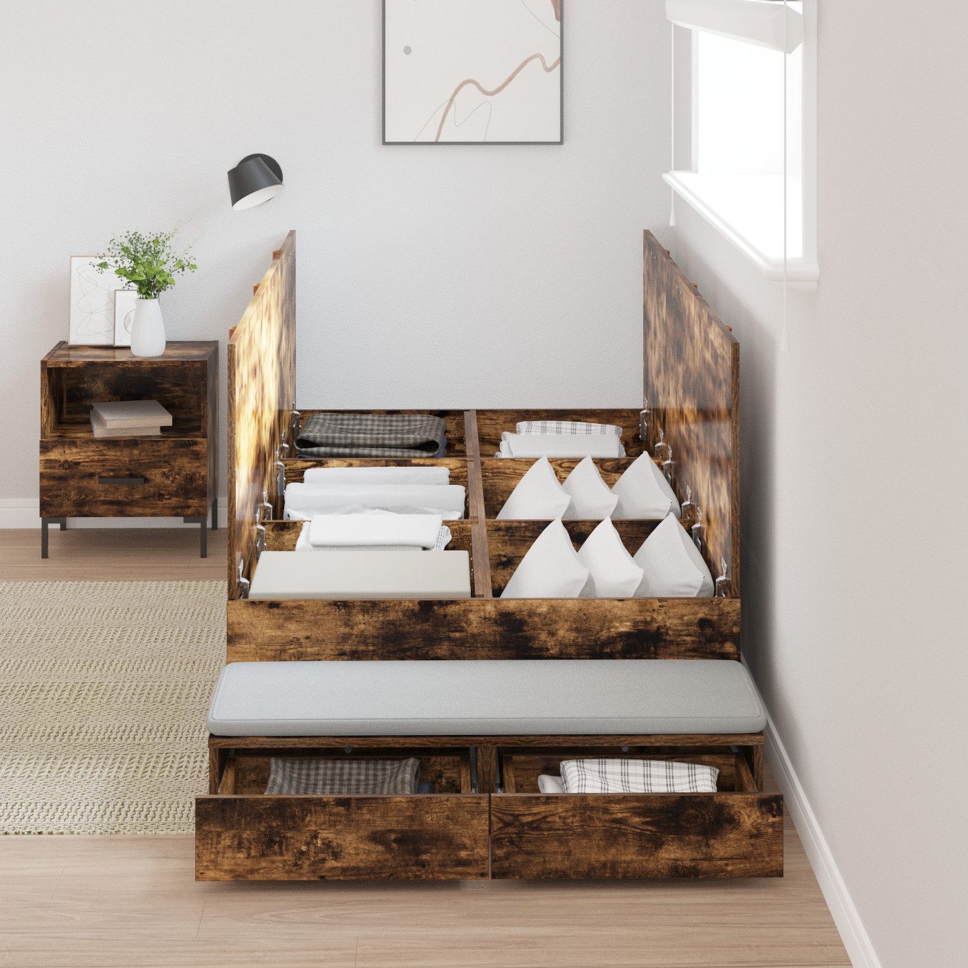 vidaXL Bett Aufbewahrungsbettgestell Raucheiche 90x200 cm günstig online kaufen