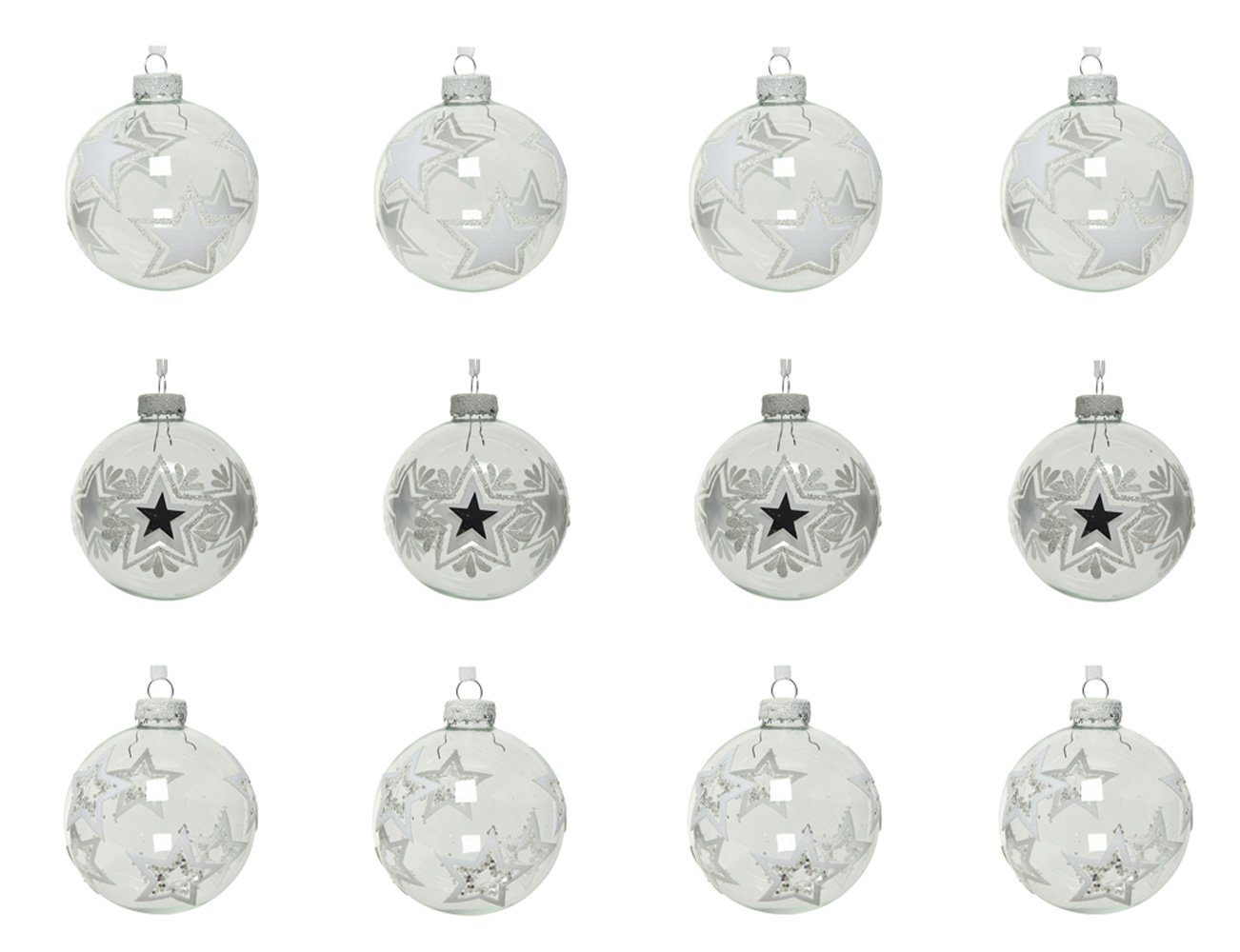 Decoris season decorations transparent, Motiv 8cm Weihnachtsbaumkugel, Sterne Weihnachtskugeln 12er klar Glas Set
