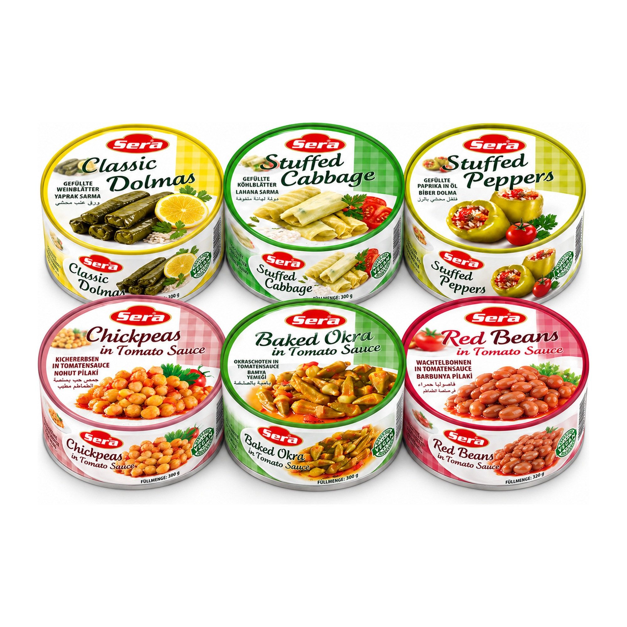 SERA FOOD Fertiggericht 6er Set Dolma, Kohlblätter, Paprika, Kichererbsen, Okra, Wachtelbohnen, 6 x (Set, 4 x 300 g, 2 x 320 g), servierfertig