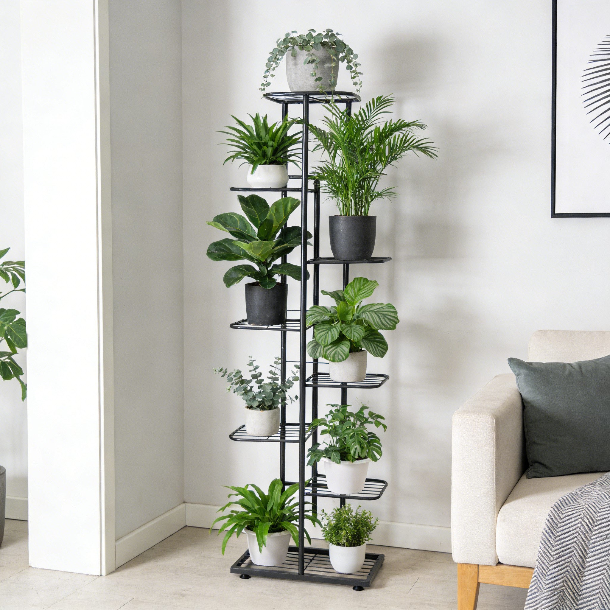 BlingBin Blumenständer Pflanzenständer Metall Blumentreppe Indoor-Pflanzenständer (8 Etagen Pflanzentreppe, 1 St., Pflanzen Regal Blumenregal, 41 x 22 x 142,5 cm), für bis zu 9 Blumen- & Pflanzentöpfe, für Garten oder Balkon, Grau