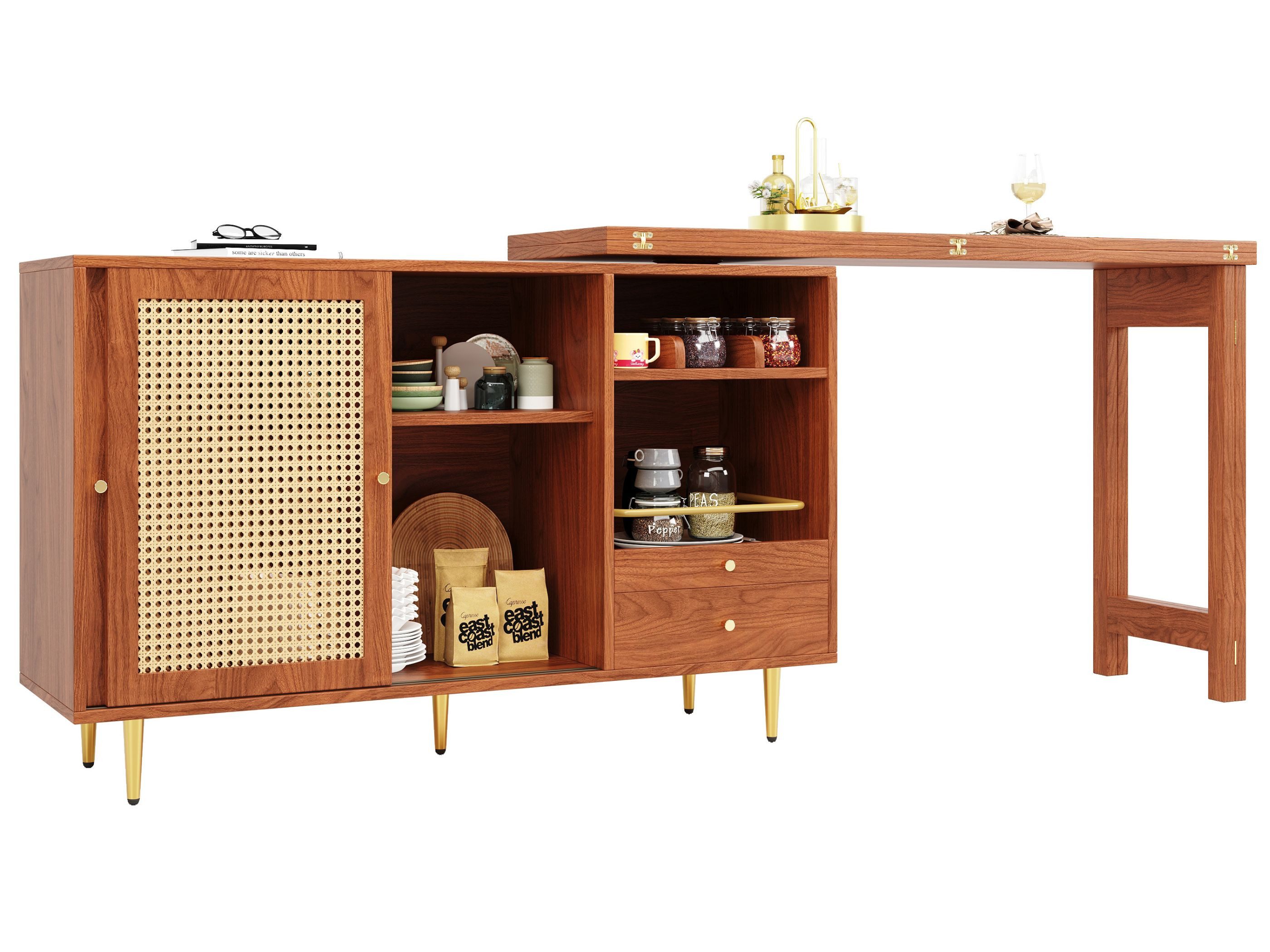 SeedWave Bartisch mit 360° drehbarer ausziehbarer Tischplatte, PE-Rattan-Türen, multifunktionalem Stauraum, platzsparendem Design und natürlichem Stil