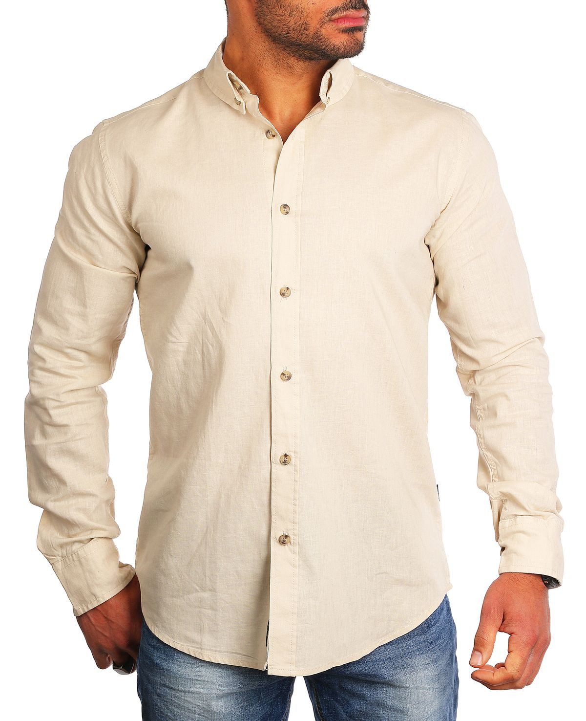 CARISMA Langarmhemd Herren Leinen Baumwoll Mix Casual Hemd 8529 Regular Button-Down-Kragen Langarm Uni