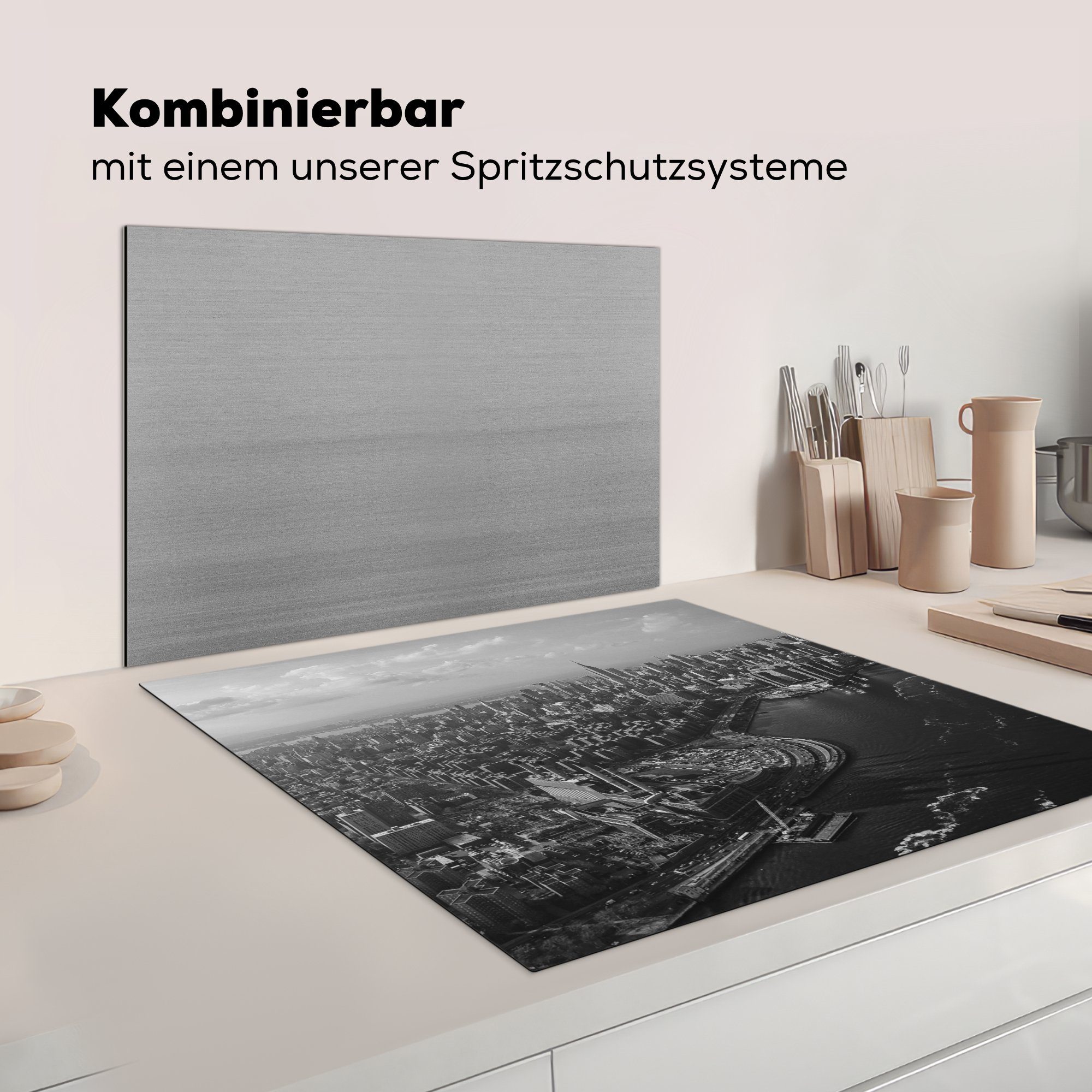 für Ceranfeldabdeckung, Vinyl, MuchoWow schwarz und (1 York Luftaufnahme - 78x78 tlg), von cm, Arbeitsplatte küche New Manhattan, Herdblende-/Abdeckplatte weiß,