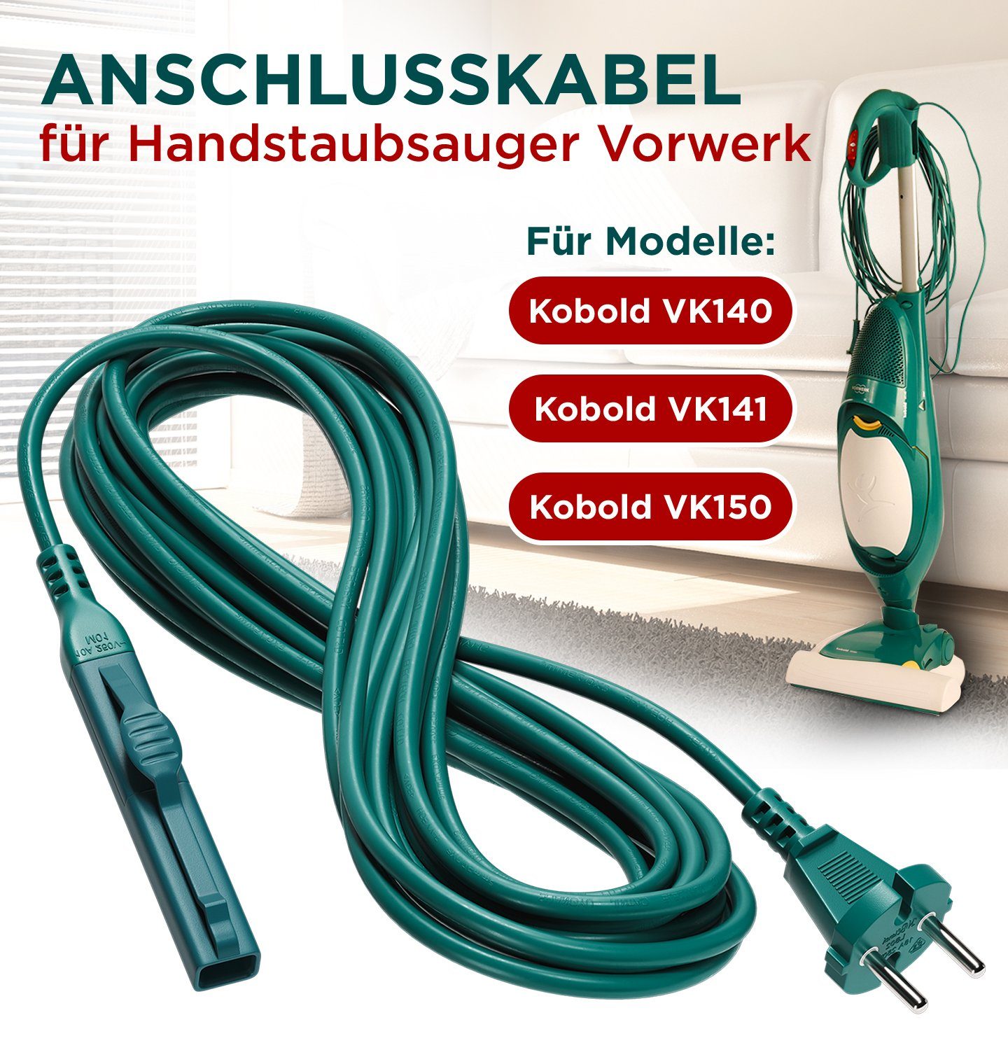 VIOKS Elektrokabel Ersatz / Vorwerk VK140 VK141 VK150 für 10m Handstaubsauger / Kobold Netzkabel, für