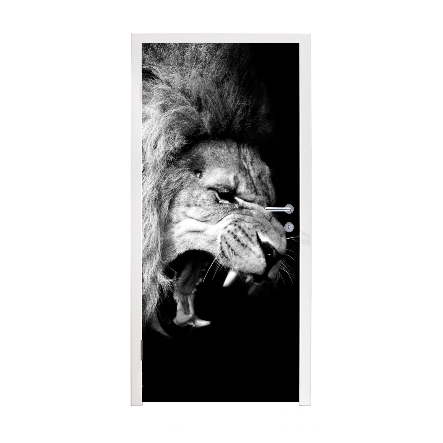 MuchoWow Türtapete Löwe - Porträt - Schwarz - Weiß - Tiere, Matt, bedruckt, (1 St), Selbstklebende Tapete, Folie für Möbel, 75x205 cm