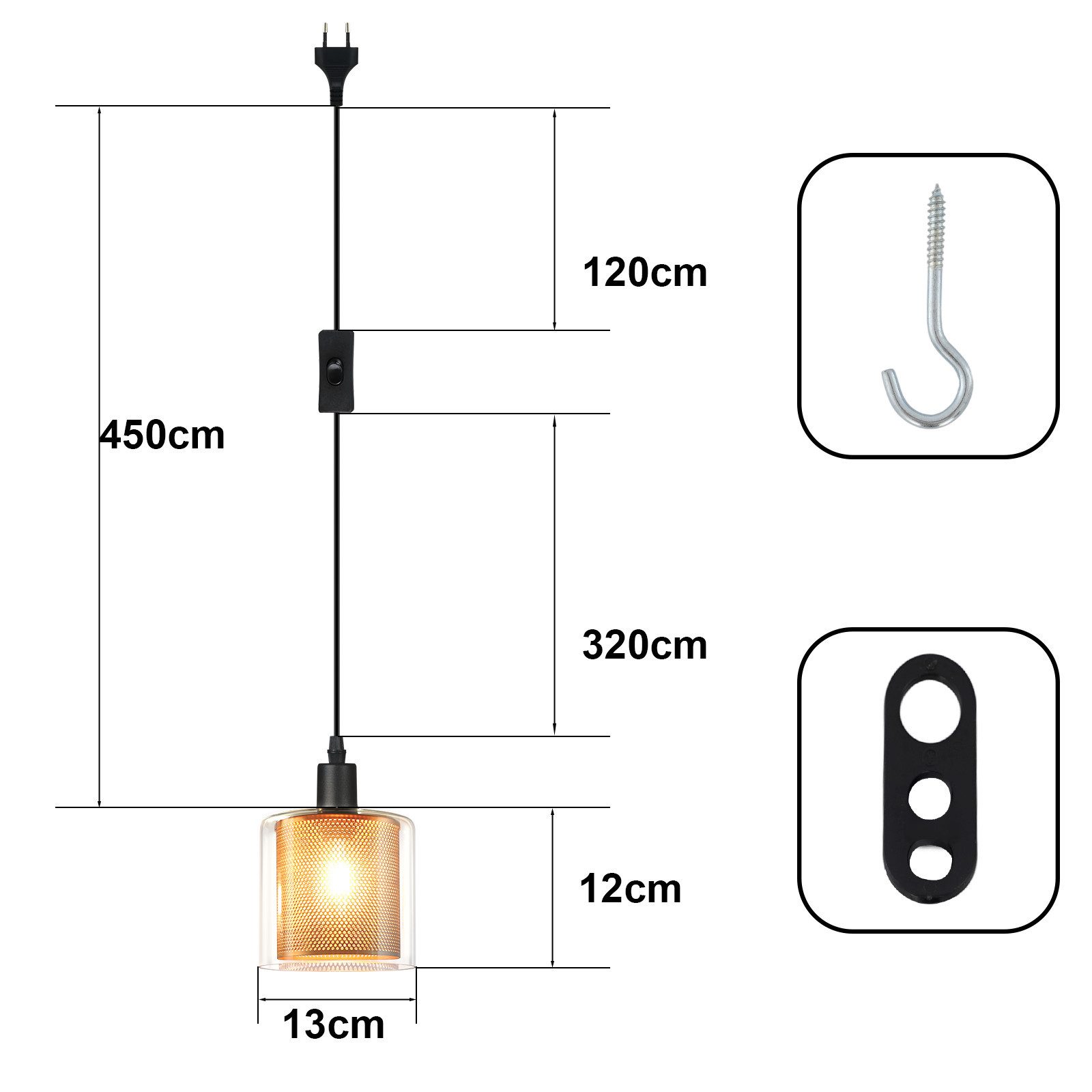 Nettlife Pendelleuchte Vintage Glas Gold E14 1 Flammig Esszimmer Hängelampe, mit Stecker und Schalter, ohne Leuchtmittel, Retro Esstisch Hängeleuchte für Wohnzi – Bild 4 von 5