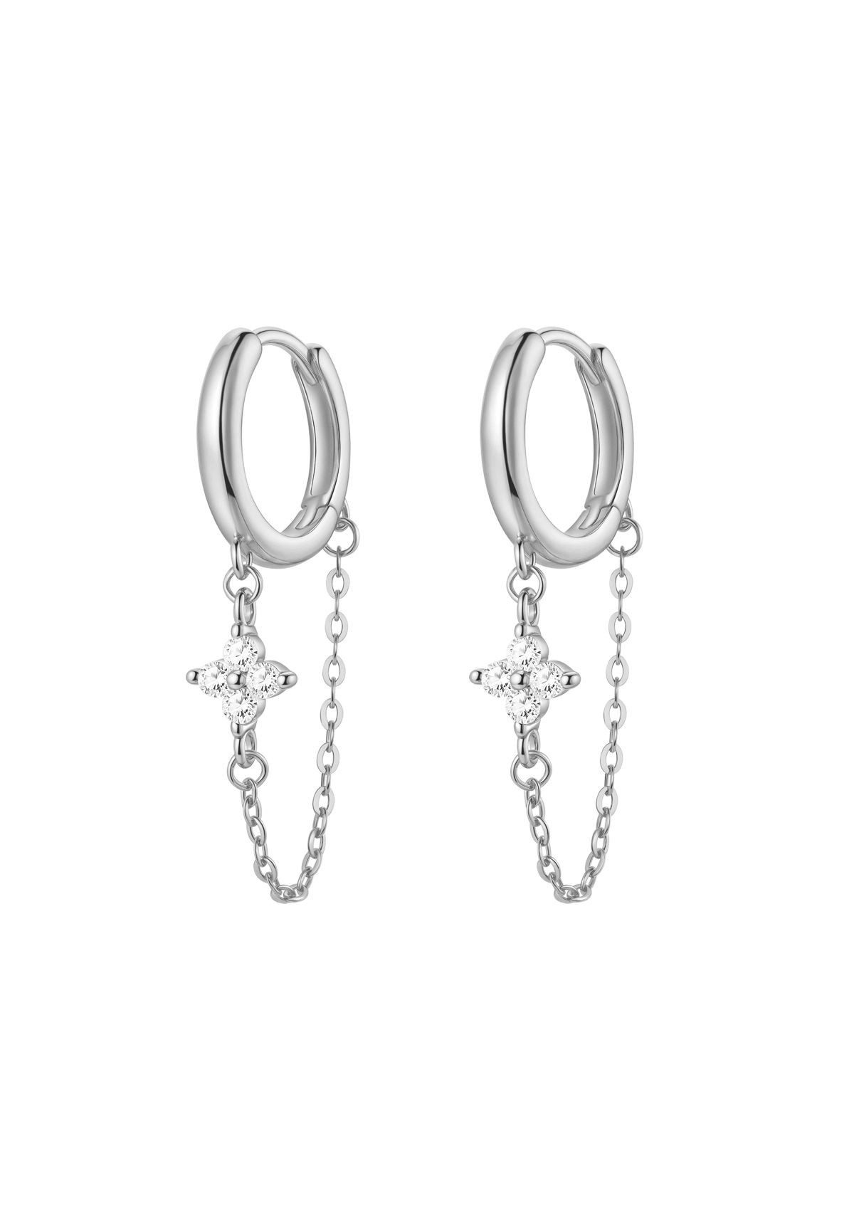 Hey Happiness Paar Ohrhänger Creolen mit Kette & Zirkonia Blume Anhänger, Filigrane Kettenohrringe aus 925 Sterling Silber, vergoldet
