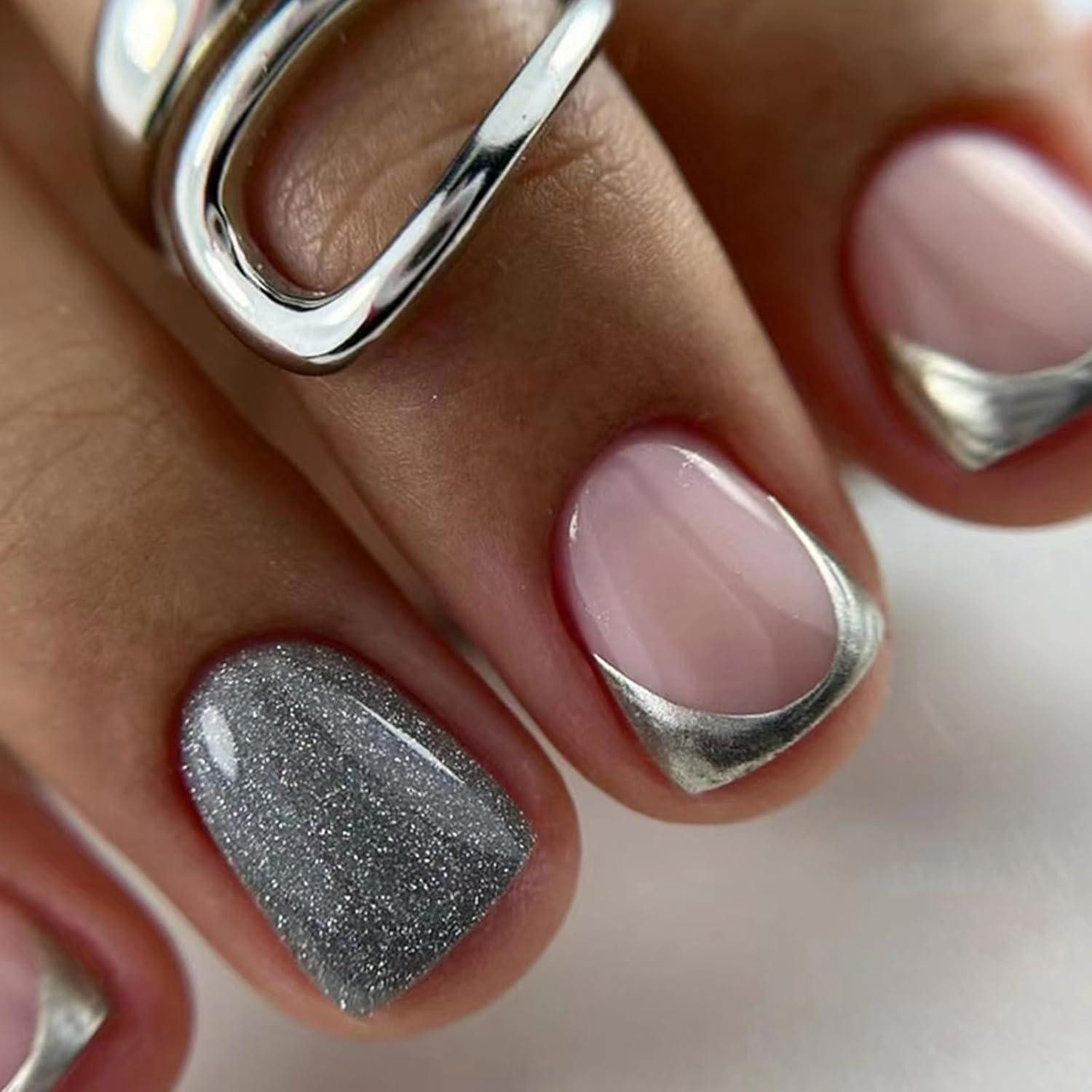Kunstfingernägel 24 Nägel Aufkleben Eckig Französische Silber Rosa Press on Nails