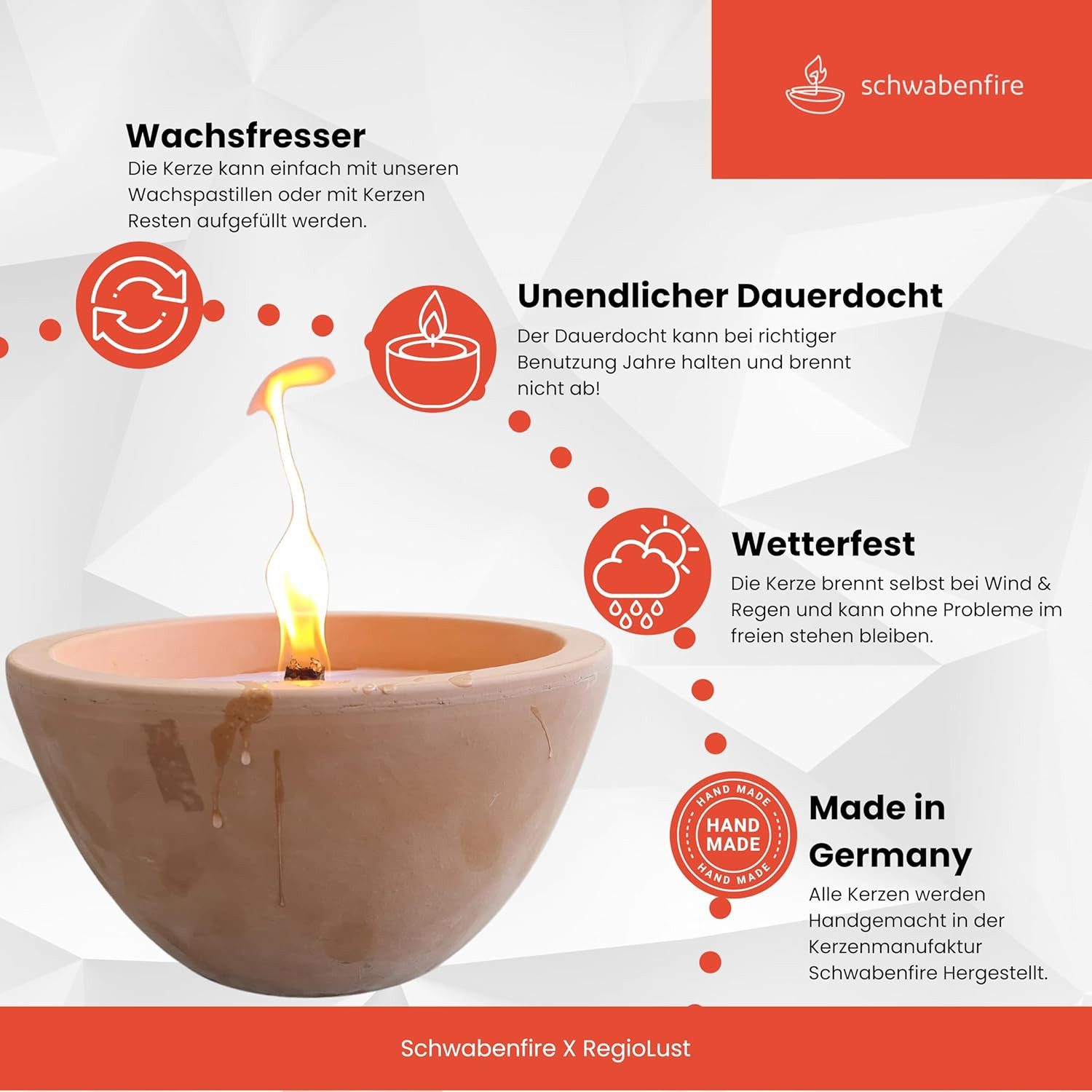 Schwabenfire Outdoorkerze Terrakotta Natur 27cm mit Dauerdocht Tischfeuer Wachsfresser Deko