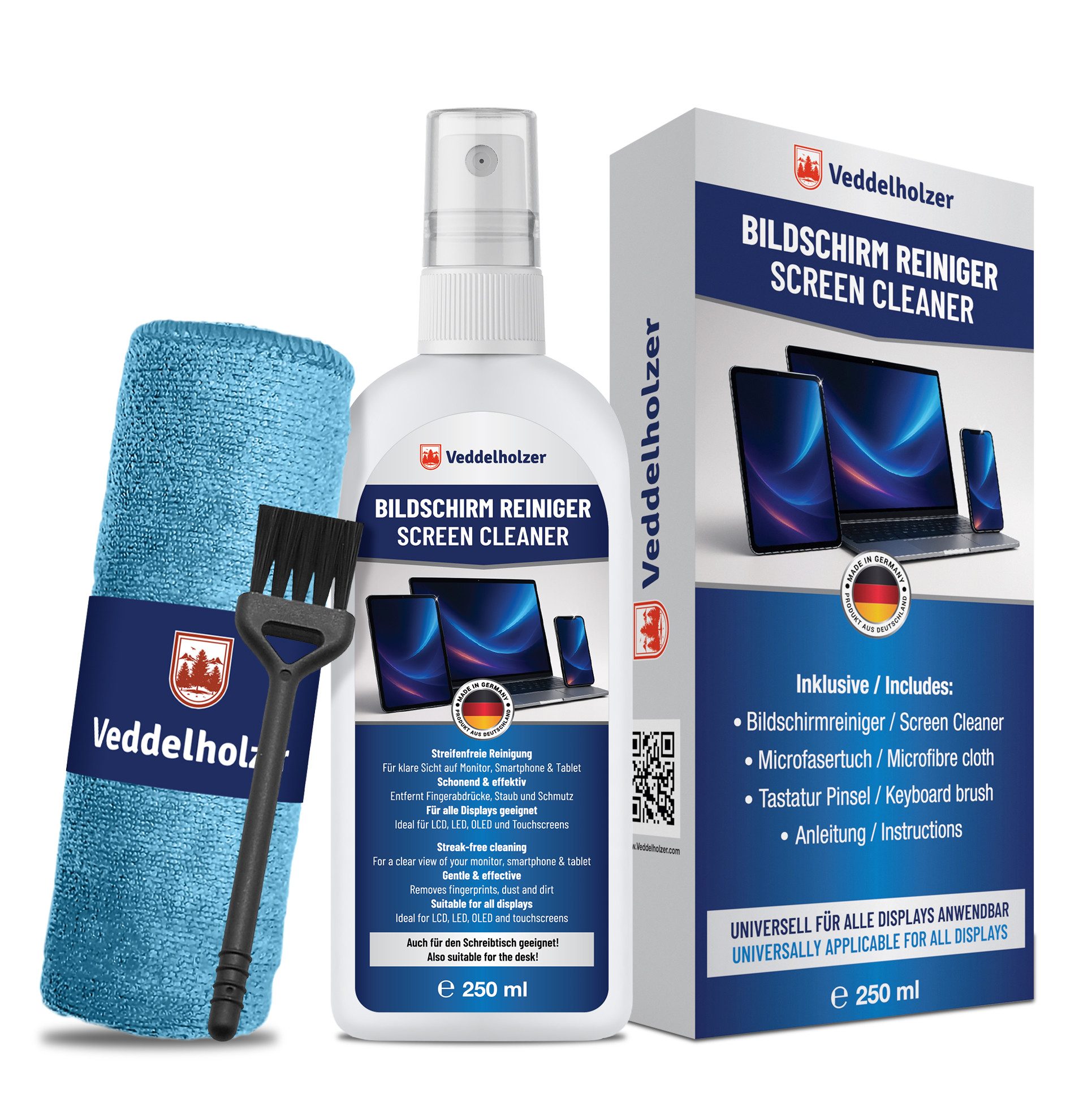 Veddelholzer Reinigungs-Set 250 ml Bildschirmreiniger mit Mikrofasertuch & Tastaturpinsel, (3-St., Displayreiniger Für Laptop, Monitor, TV, Smartphone, Auto Display), Streifenfreie Reinigung für alle Bildschirme